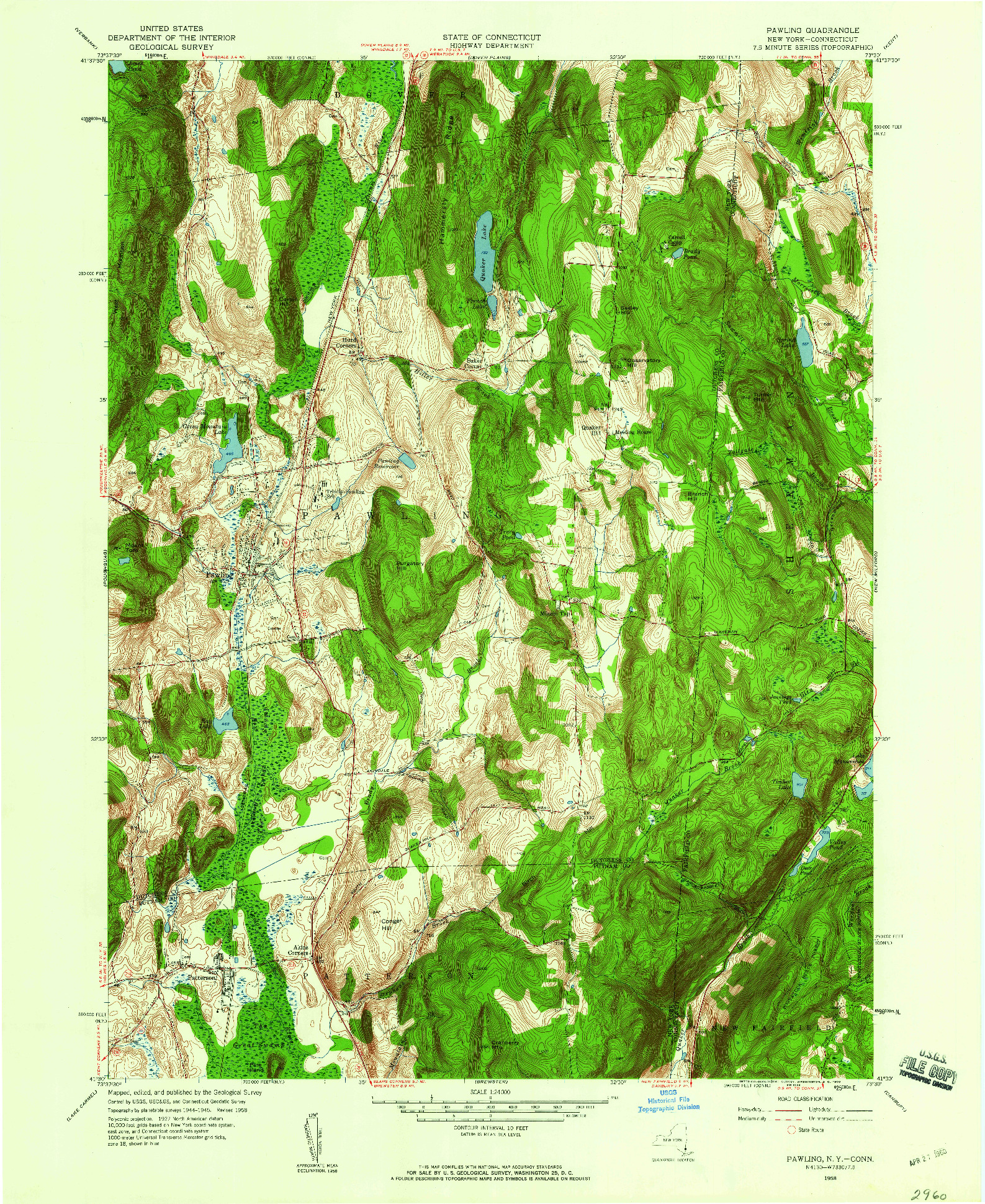 USGS 1:24000-SCALE QUADRANGLE FOR PAWLING, NY 1958