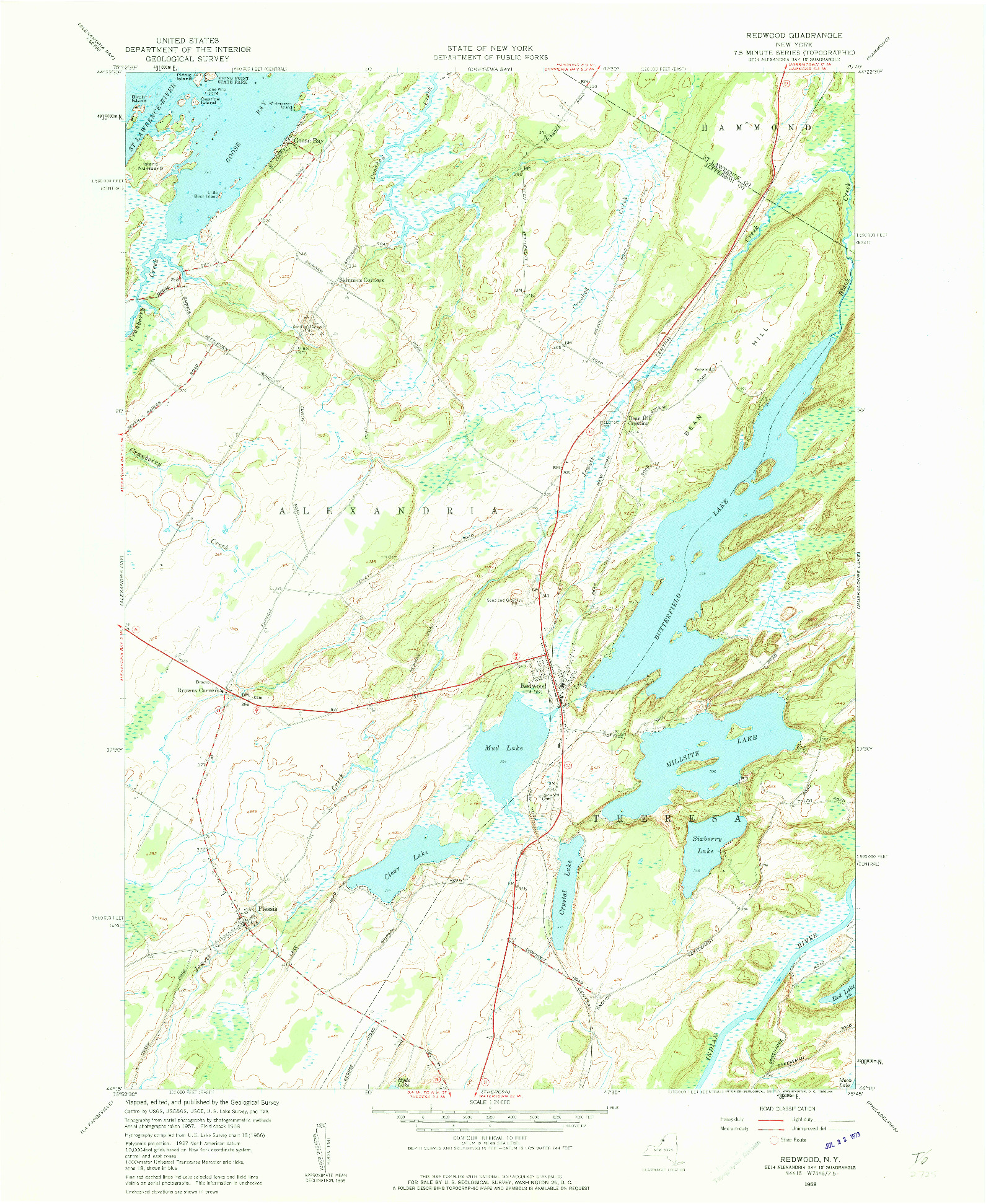 USGS 1:24000-SCALE QUADRANGLE FOR REDWOOD, NY 1958