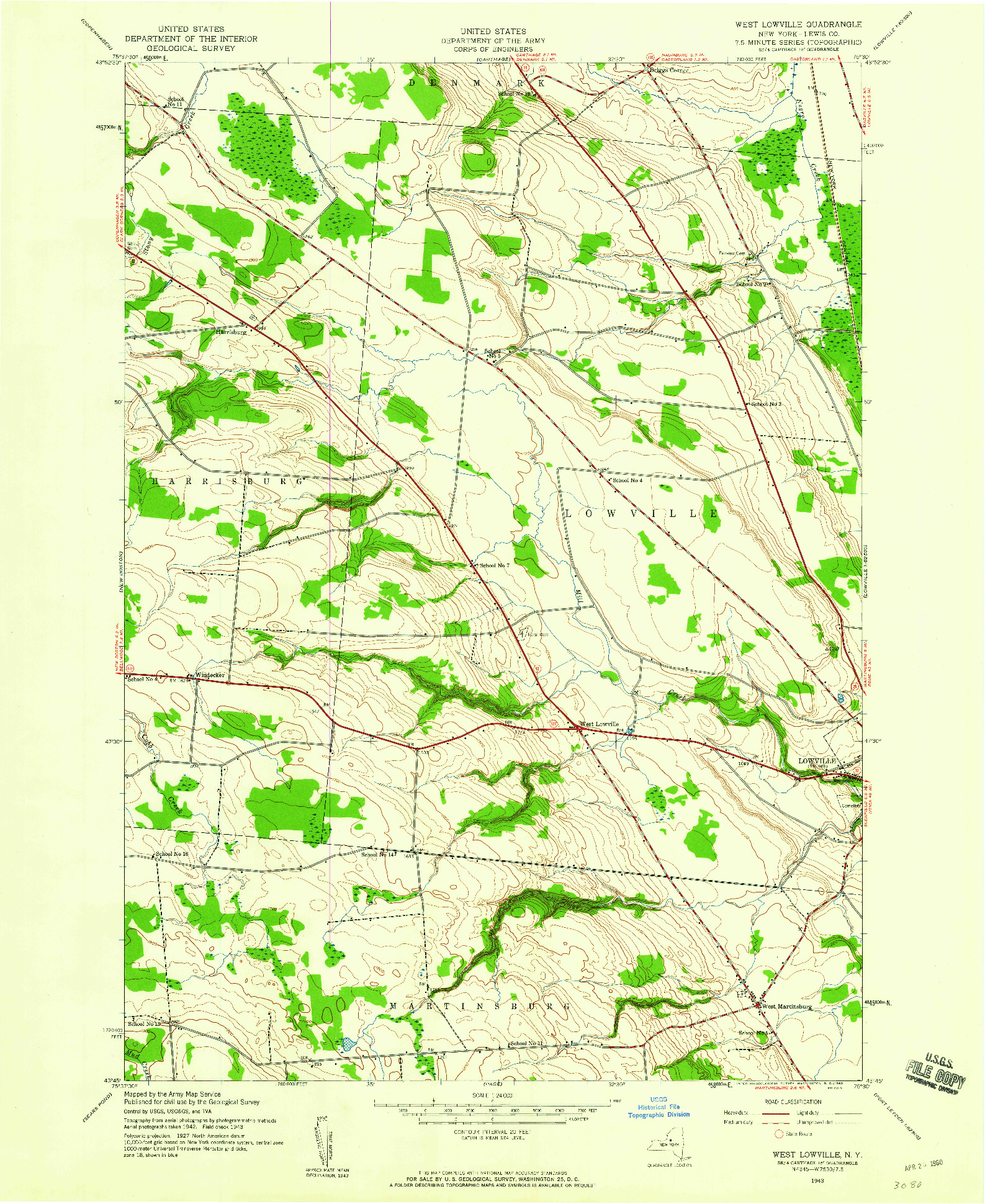 USGS 1:24000-SCALE QUADRANGLE FOR WEST LOWVILLE, NY 1943