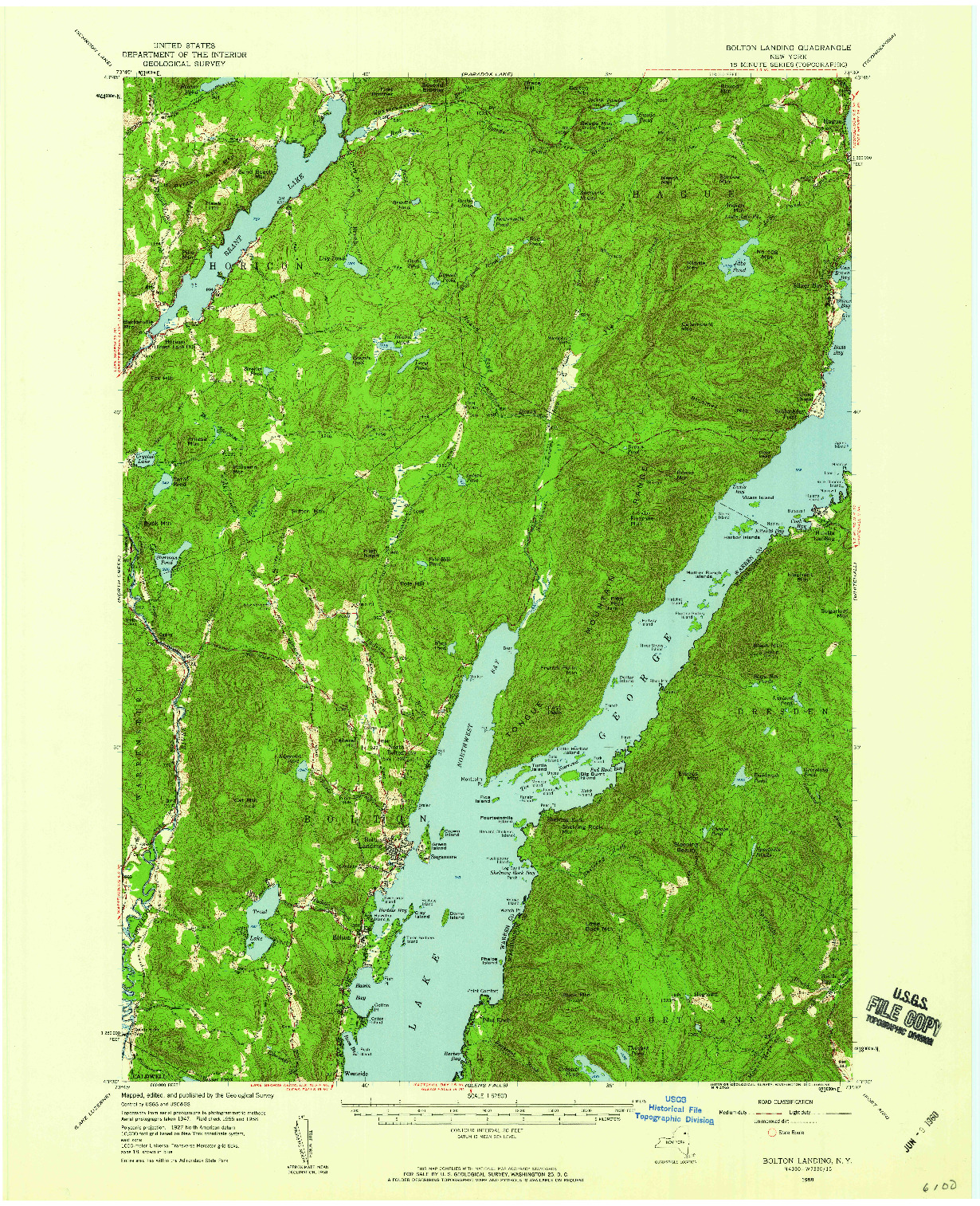 USGS 1:62500-SCALE QUADRANGLE FOR BOLTON LANDING, NY 1958