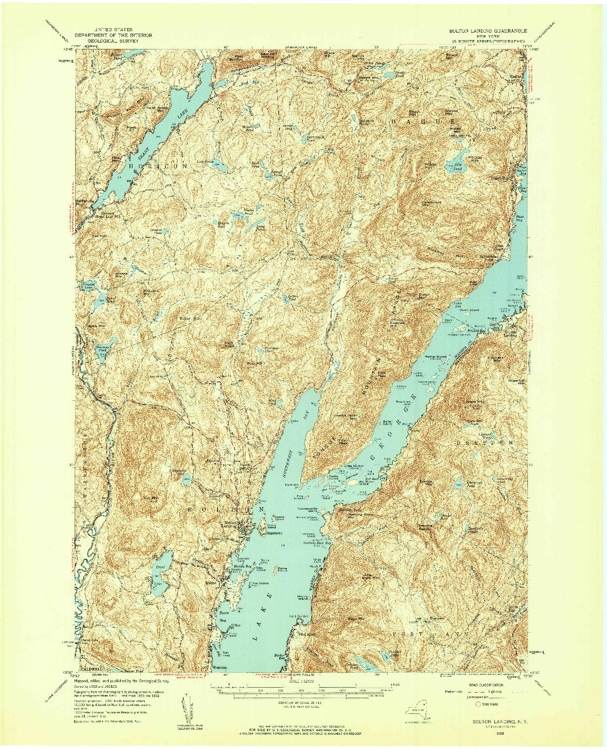 USGS 1:62500-SCALE QUADRANGLE FOR BOLTON LANDING, NY 1958