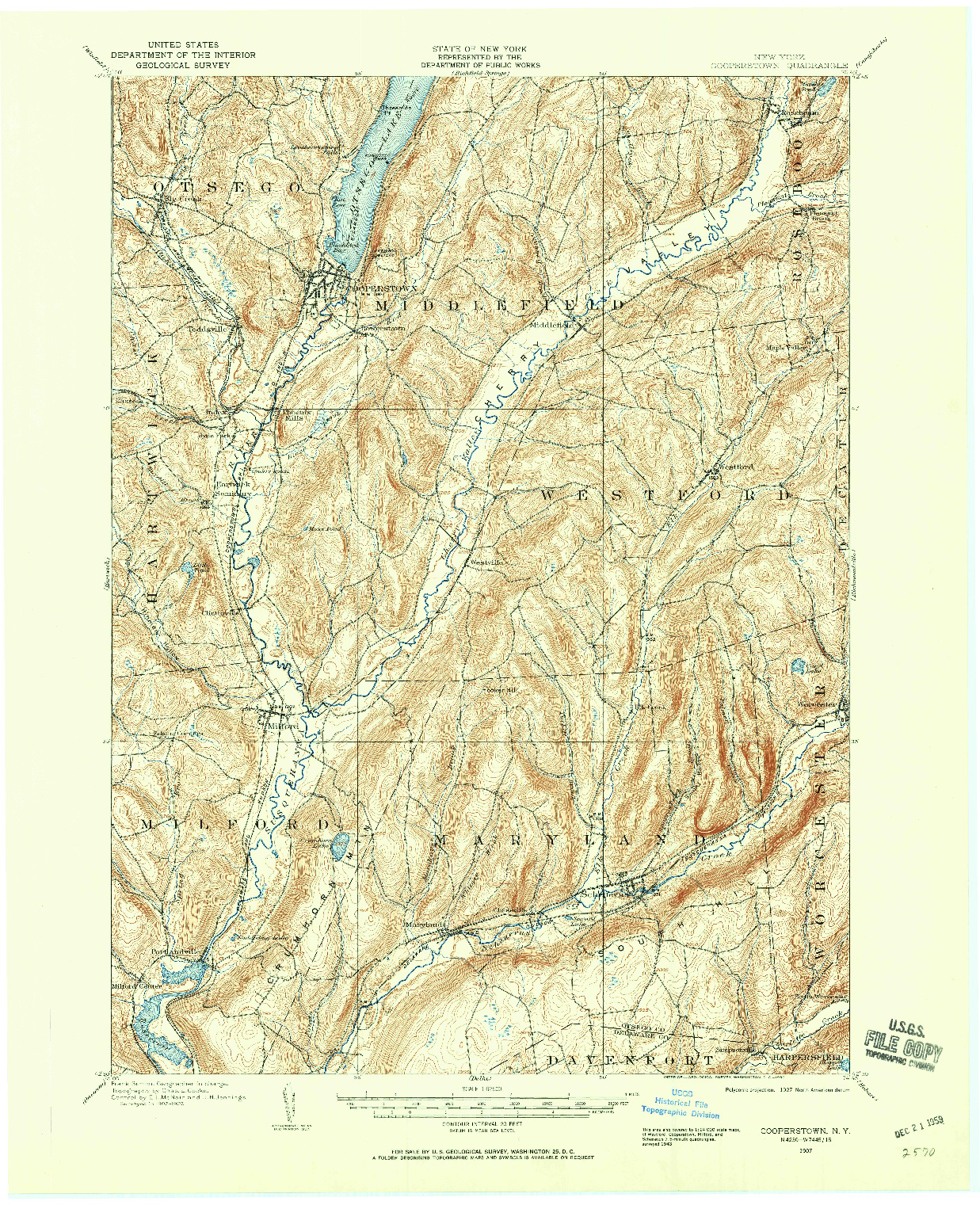 USGS 1:62500-SCALE QUADRANGLE FOR COOPERSTOWN, NY 1907