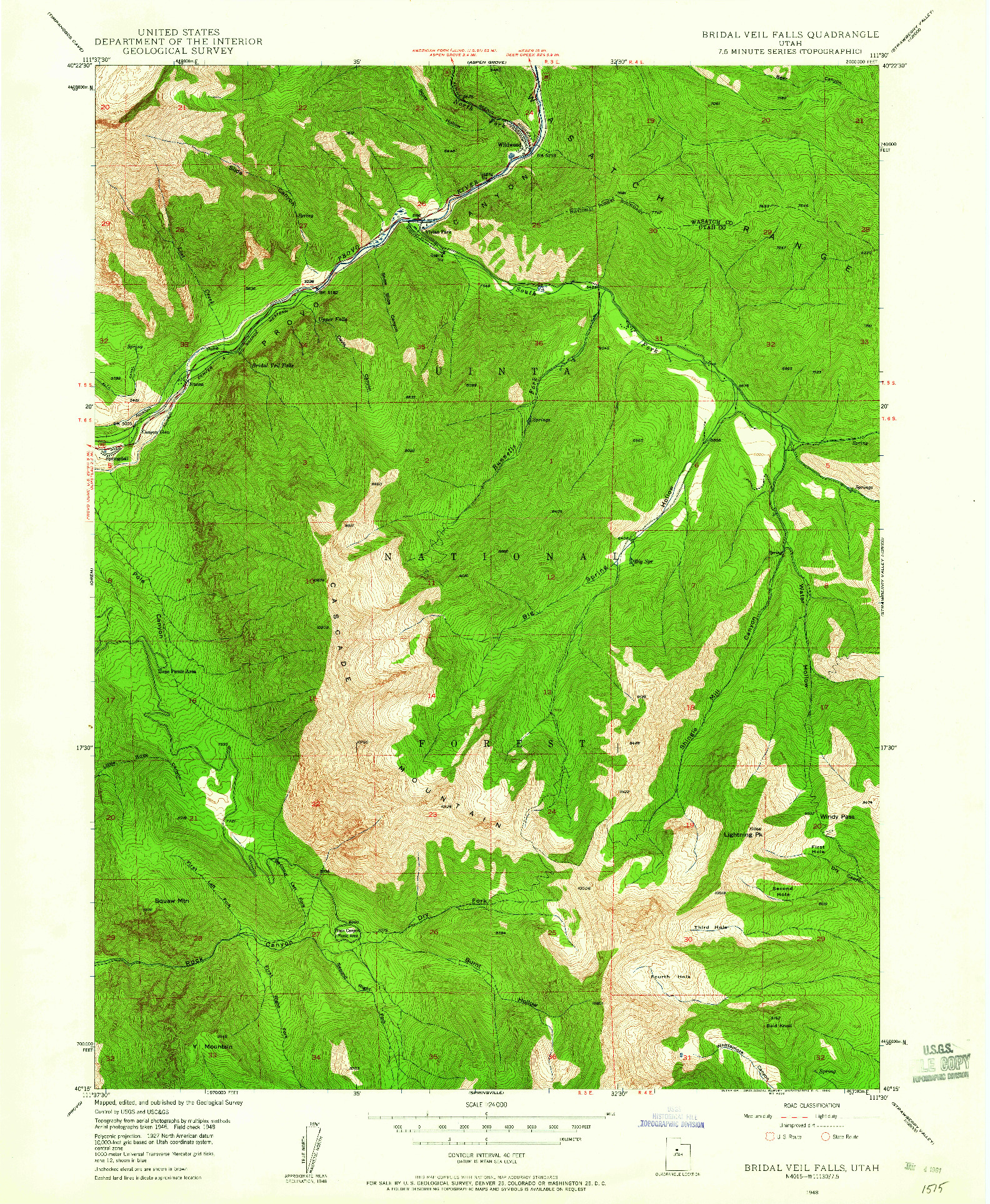 USGS 1:24000-SCALE QUADRANGLE FOR BRIDAL VEIL FALLS, UT 1948