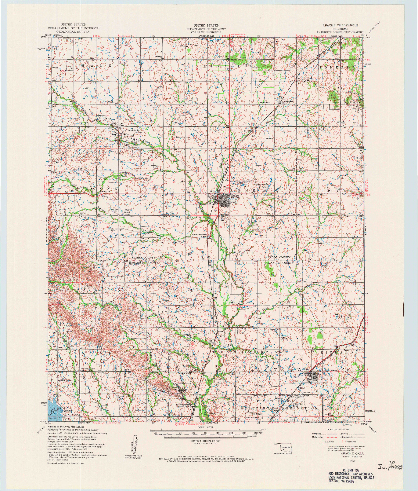 USGS 1:62500-SCALE QUADRANGLE FOR APACHE, OK 1956