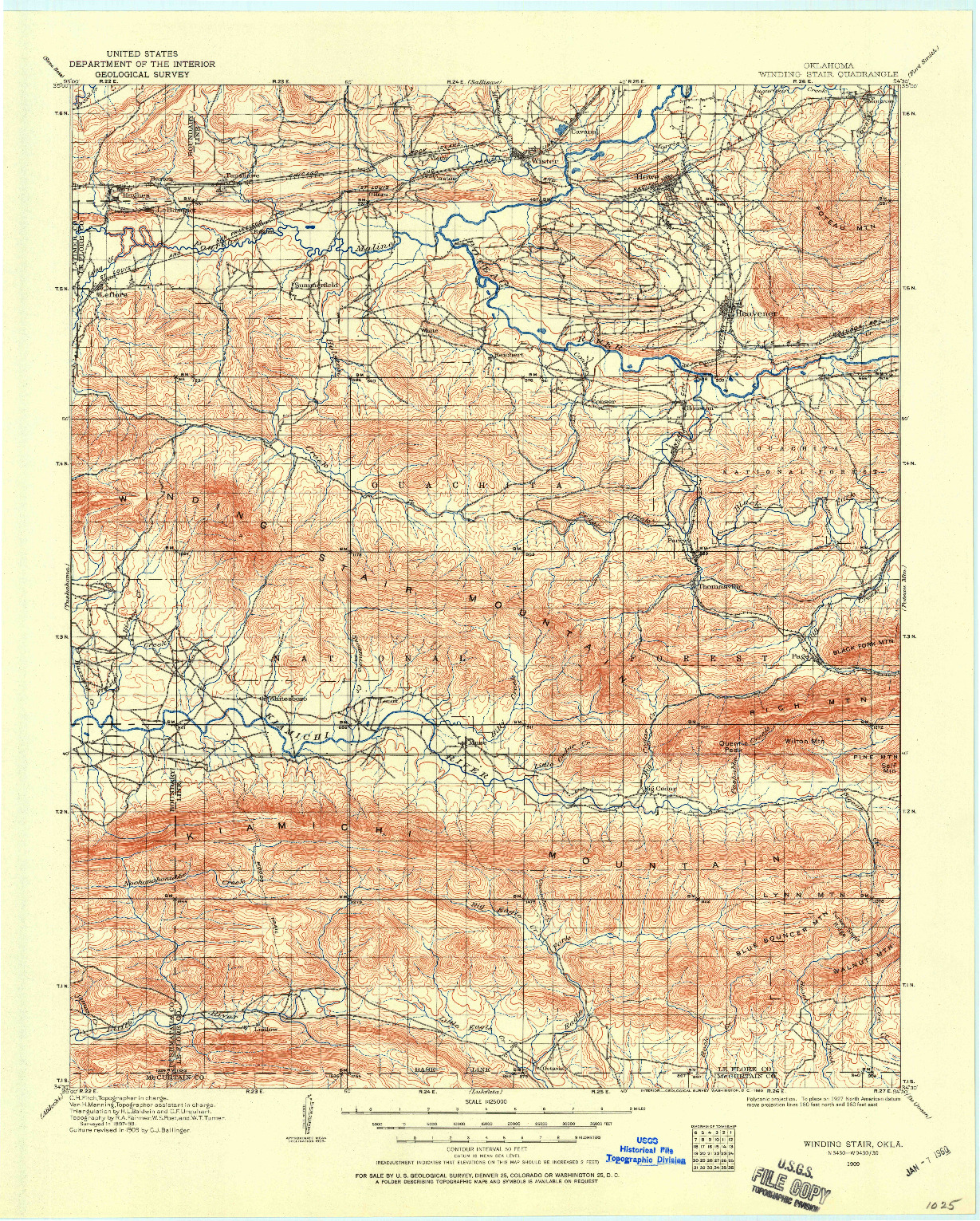 USGS 1:125000-SCALE QUADRANGLE FOR WINDING STAIR, OK 1909