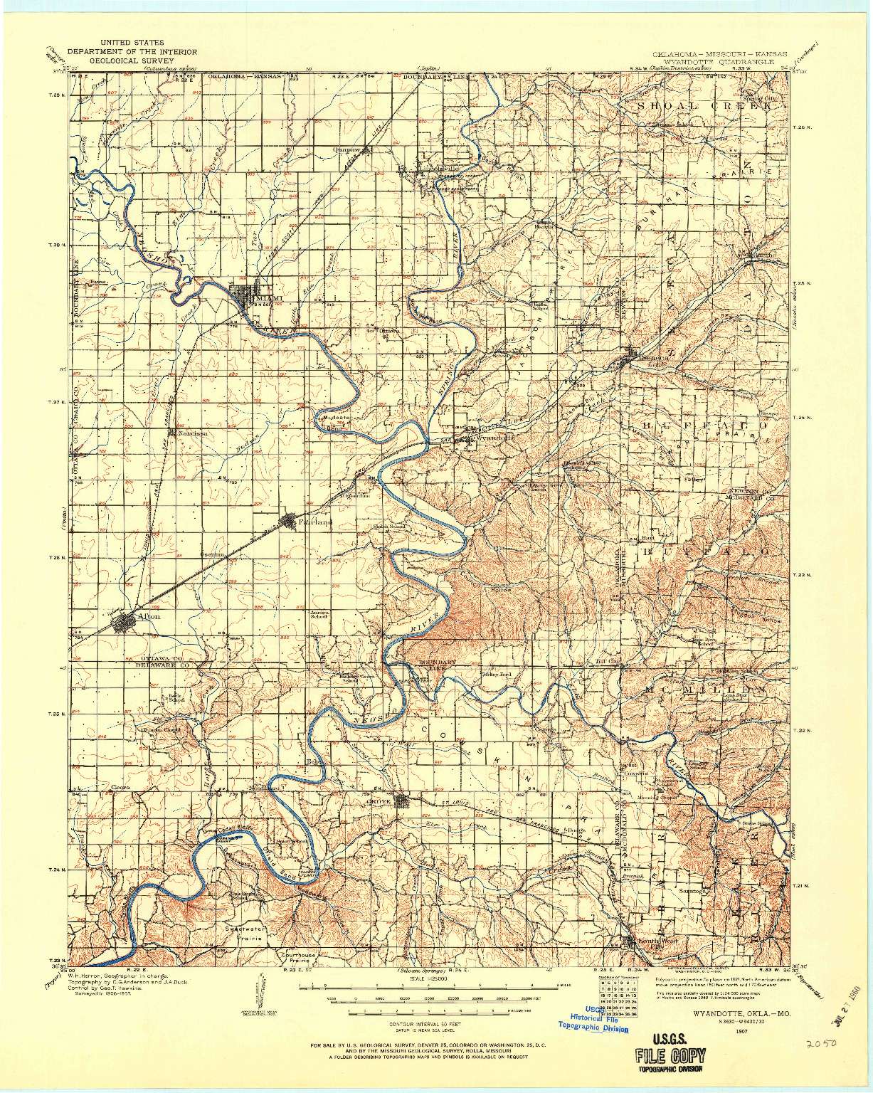 USGS 1:125000-SCALE QUADRANGLE FOR WYANDOTTE, OK 1907