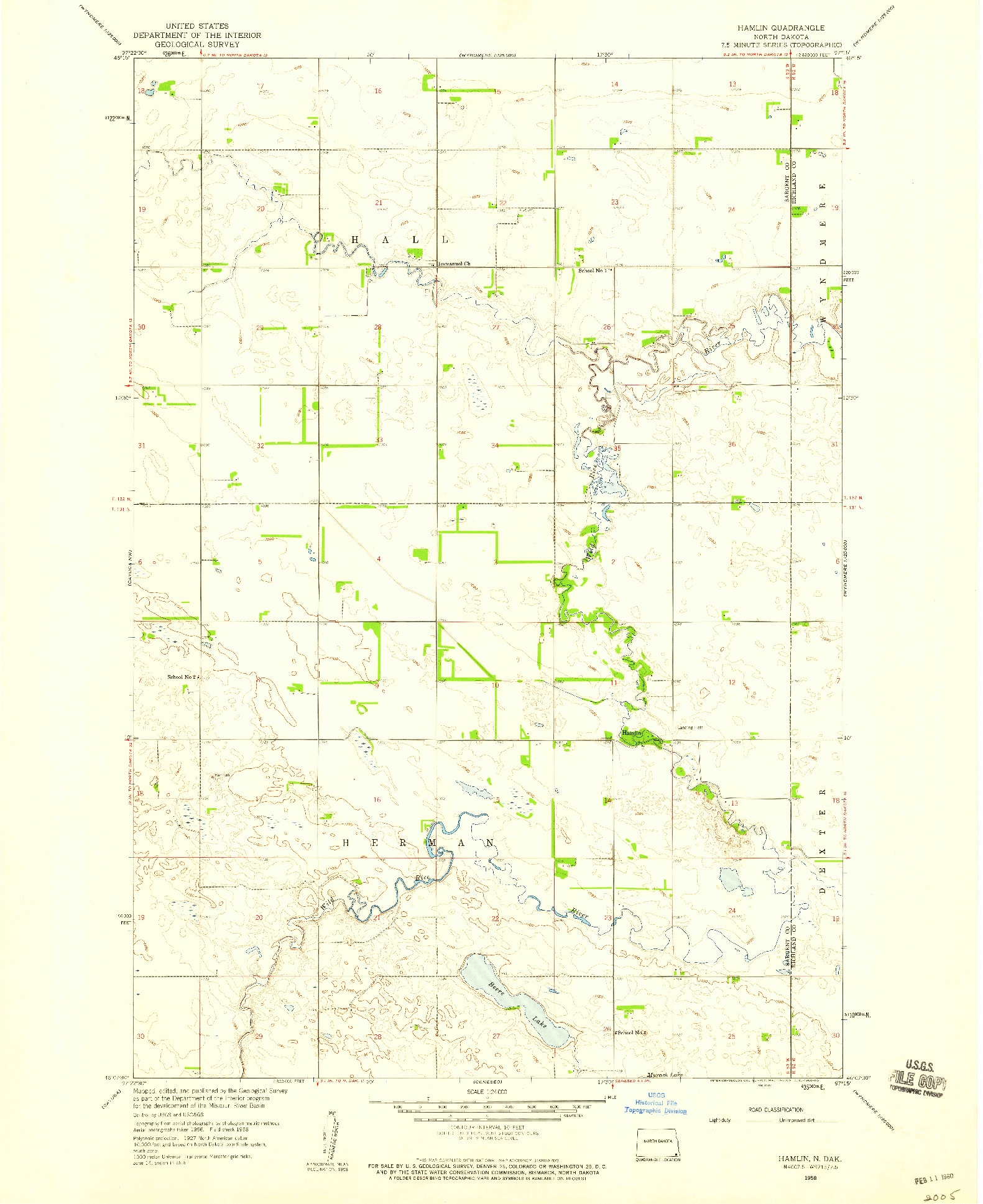 USGS 1:24000-SCALE QUADRANGLE FOR HAMLIN, ND 1958