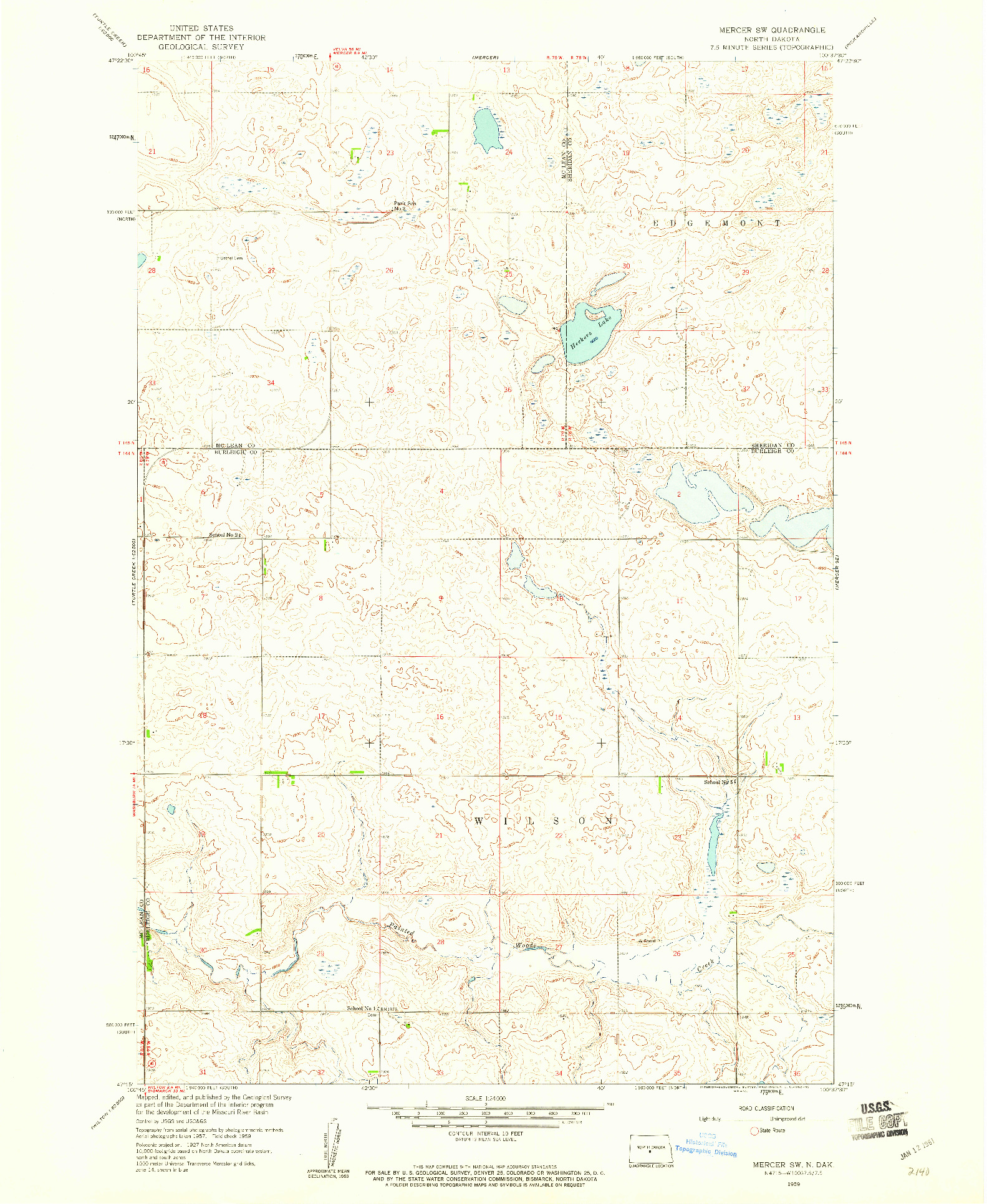 USGS 1:24000-SCALE QUADRANGLE FOR MERCER SW, ND 1959