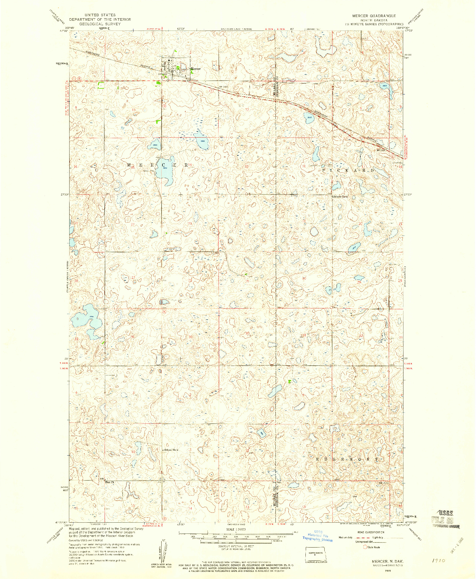 USGS 1:24000-SCALE QUADRANGLE FOR MERCER, ND 1959