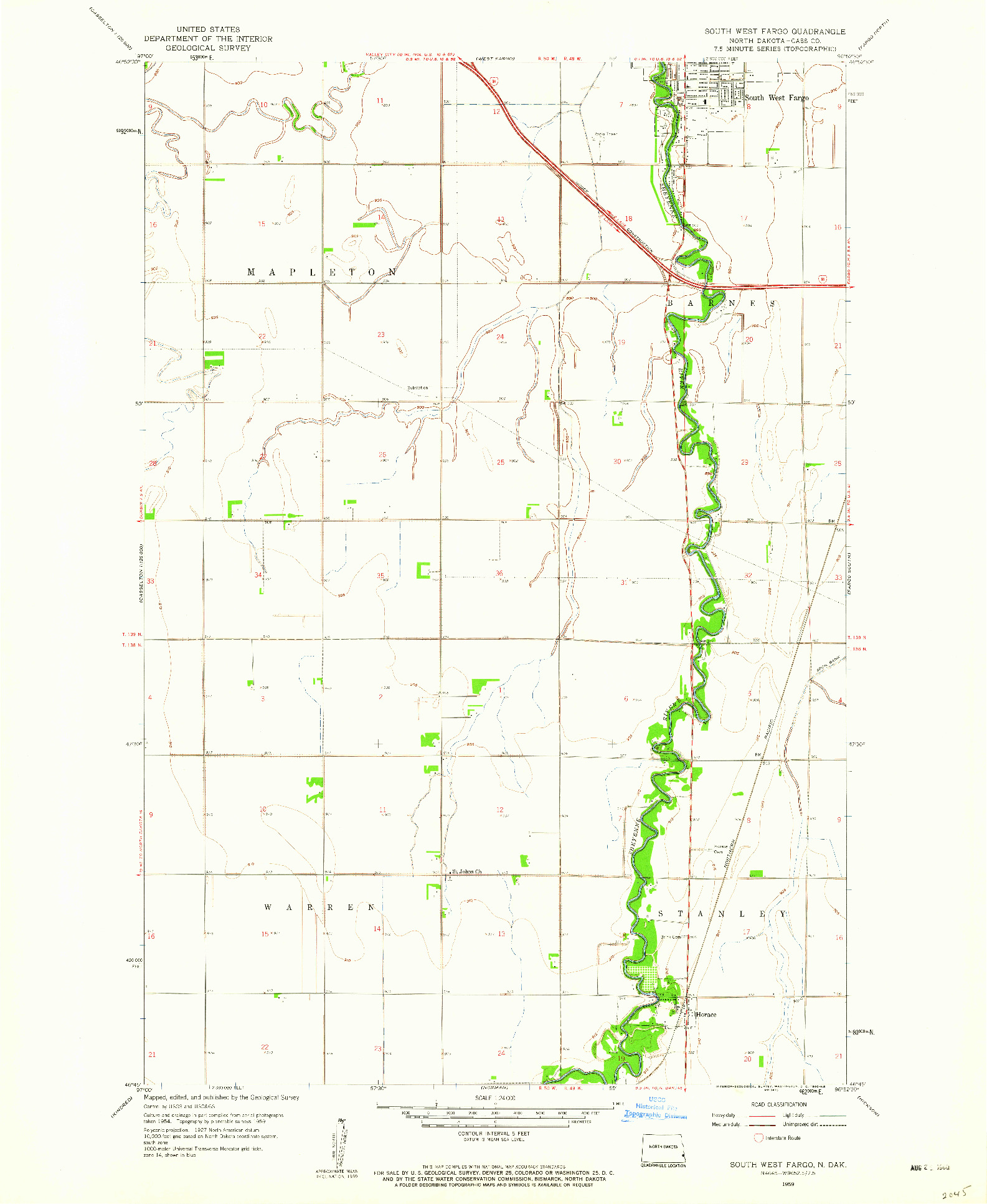 USGS 1:24000-SCALE QUADRANGLE FOR SOUTH WEST FARGO, ND 1959