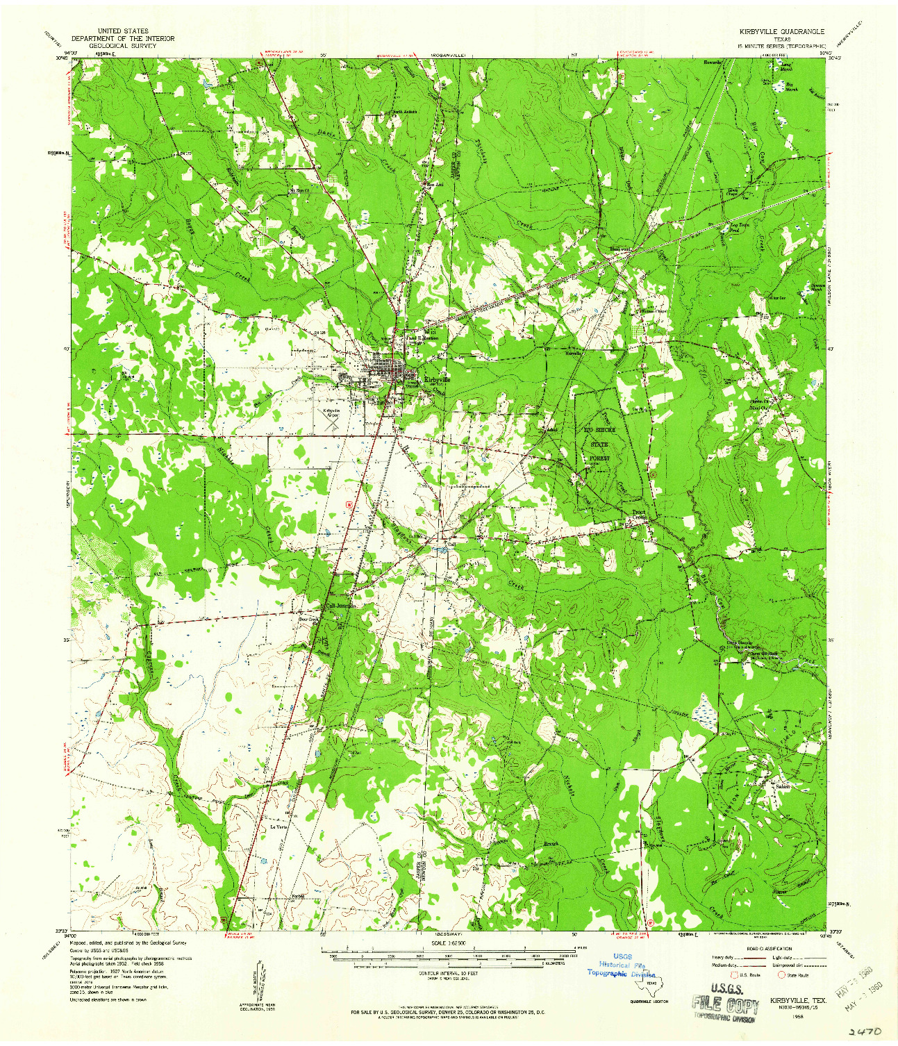 USGS 1:62500-SCALE QUADRANGLE FOR KIRBYVILLE, TX 1958