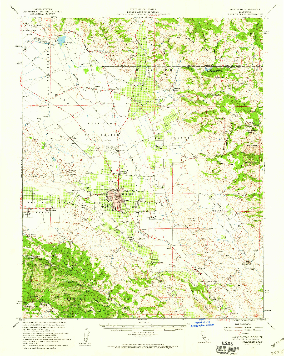 USGS 1:62500-SCALE QUADRANGLE FOR HOLLISTER, CA 1955