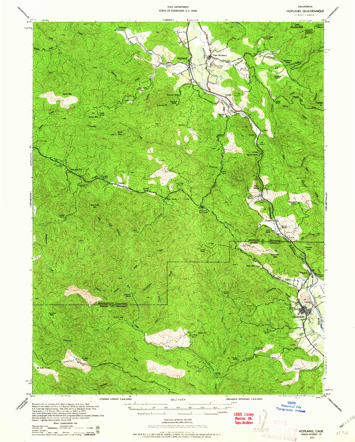 USGS 1:62500-SCALE QUADRANGLE FOR HOPLAND, CA 1943