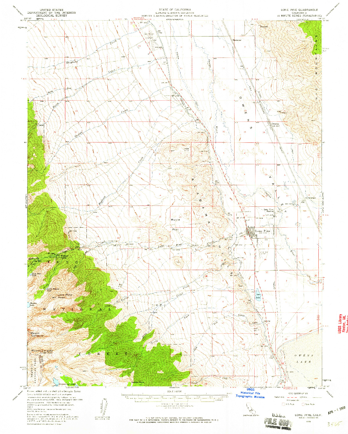 USGS 1:62500-SCALE QUADRANGLE FOR LONE PINE, CA 1958