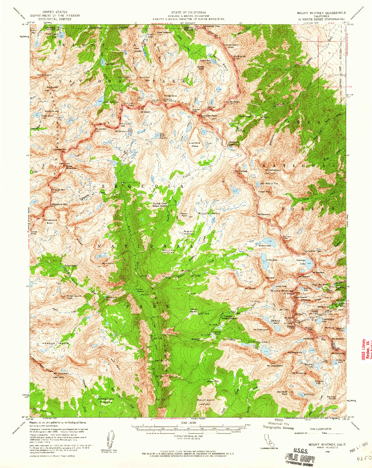 USGS 1:62500-SCALE QUADRANGLE FOR MOUNT WHITNEY, CA 1956