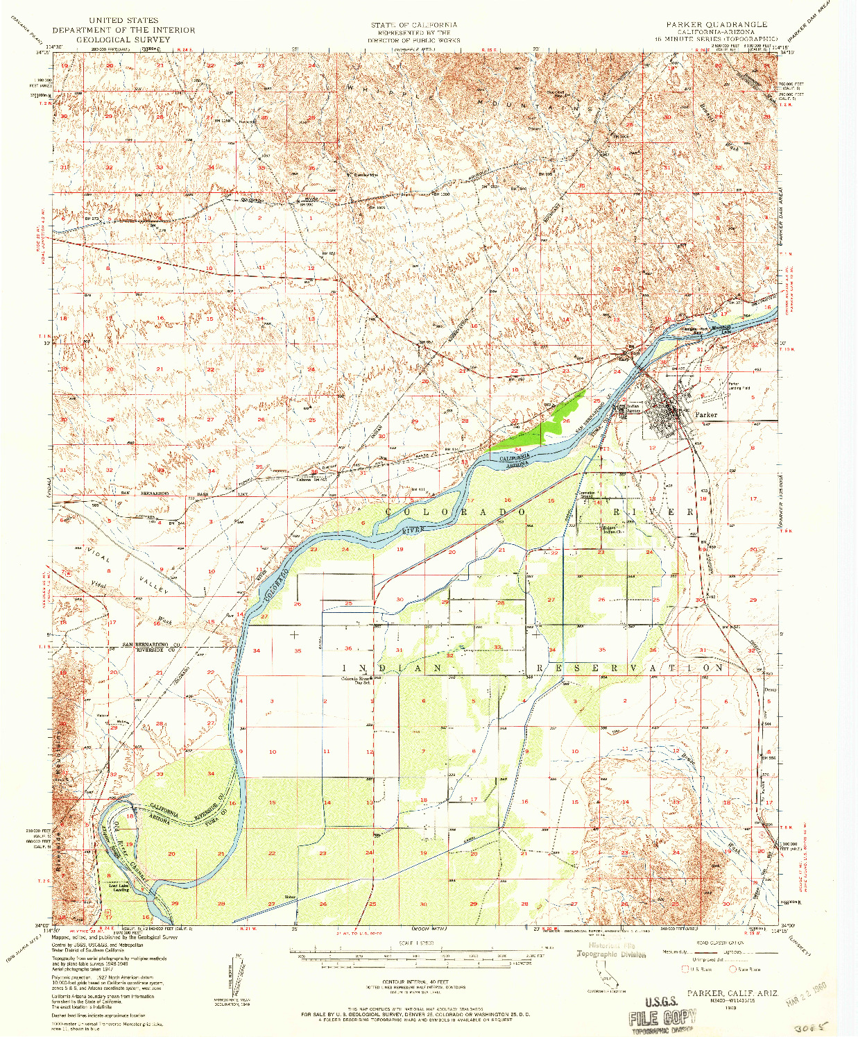 USGS 1:62500-SCALE QUADRANGLE FOR PARKER, CA 1949