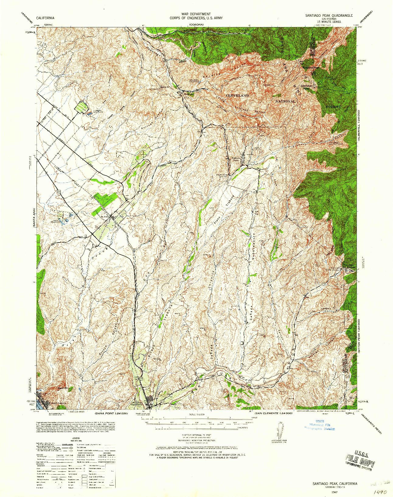USGS 1:62500-SCALE QUADRANGLE FOR SANTIAGO PEAK, CA 1942
