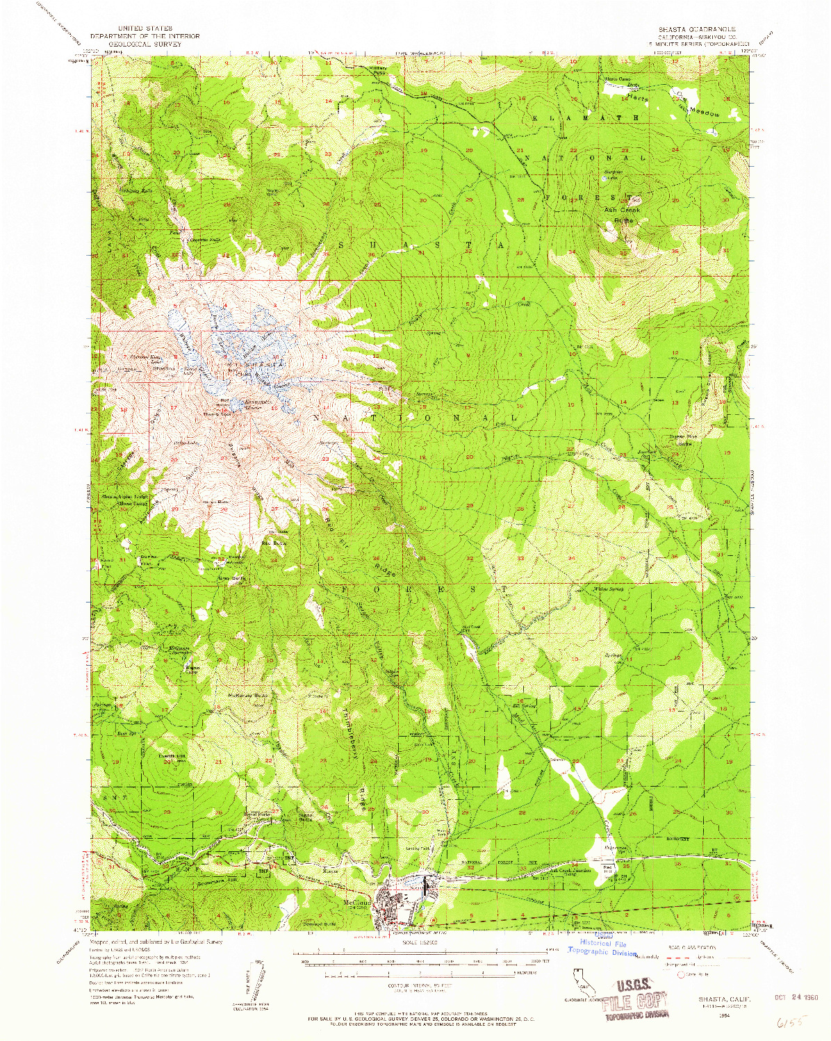 USGS 1:62500-SCALE QUADRANGLE FOR SHASTA, CA 1954