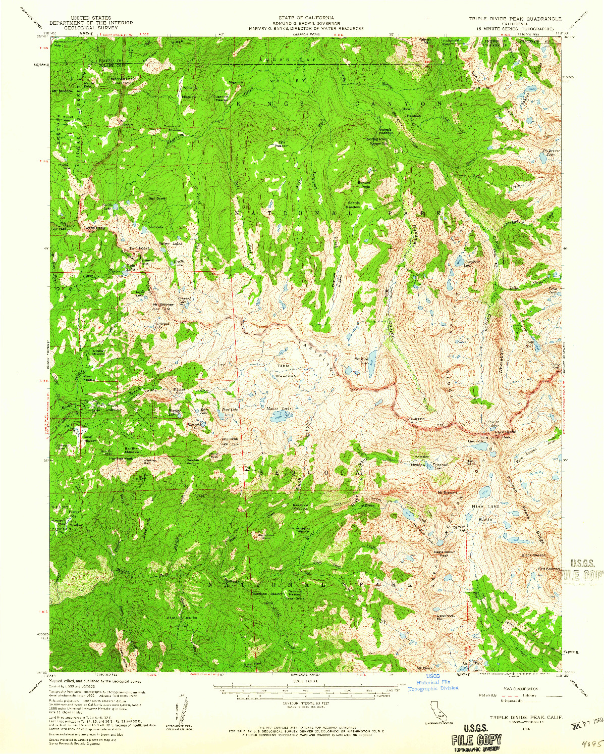 USGS 1:62500-SCALE QUADRANGLE FOR TRIPLE DIVIDE PEAK, CA 1956