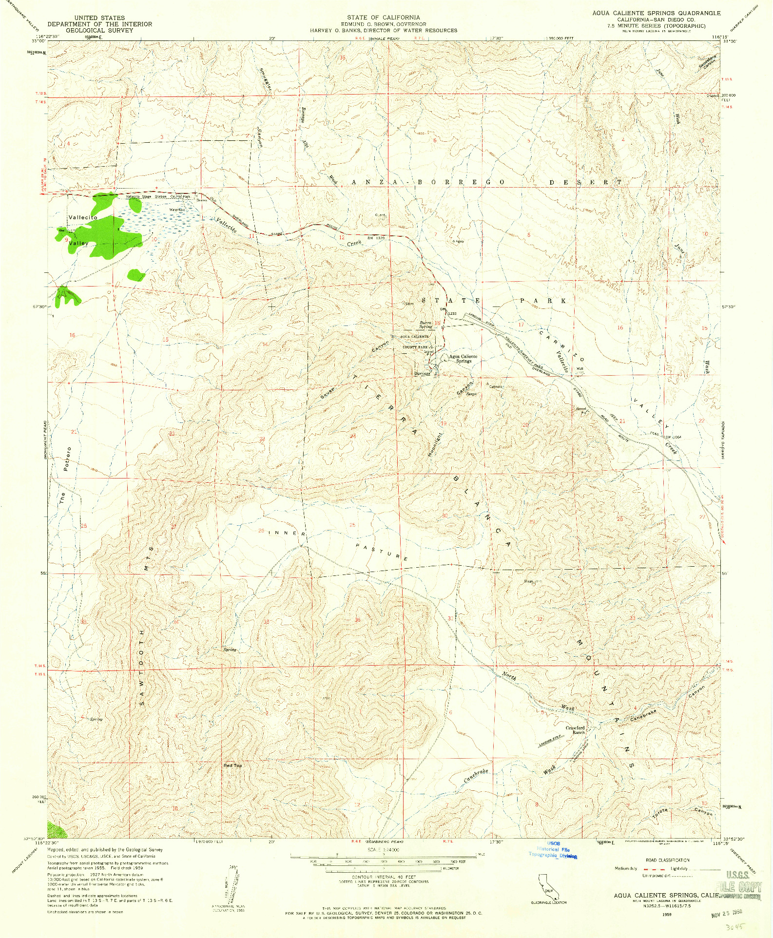 USGS 1:24000-SCALE QUADRANGLE FOR AGUA CALIENTE SPRINGS, CA 1959