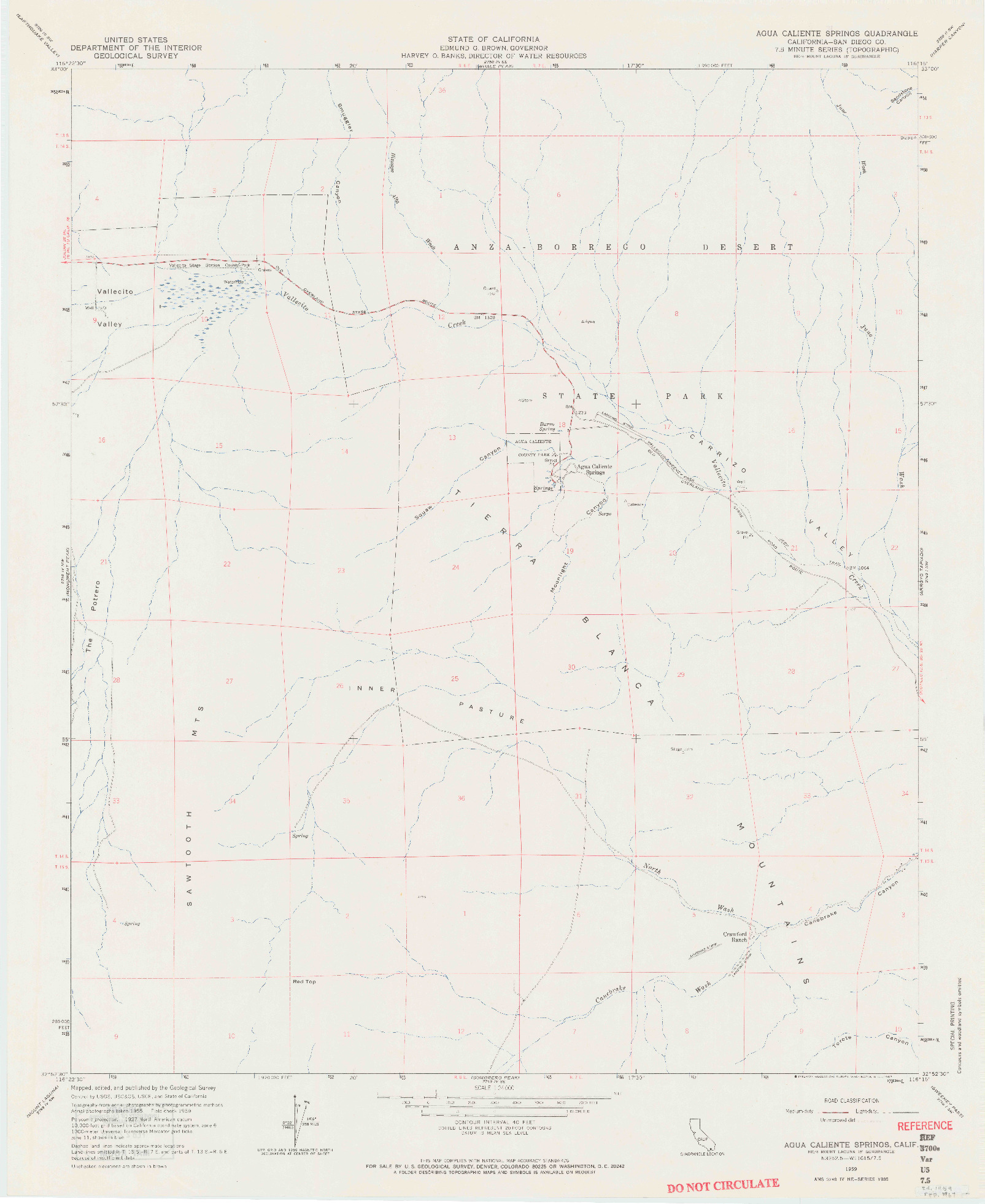USGS 1:24000-SCALE QUADRANGLE FOR AGUA CALIENTE SPRINGS, CA 1959