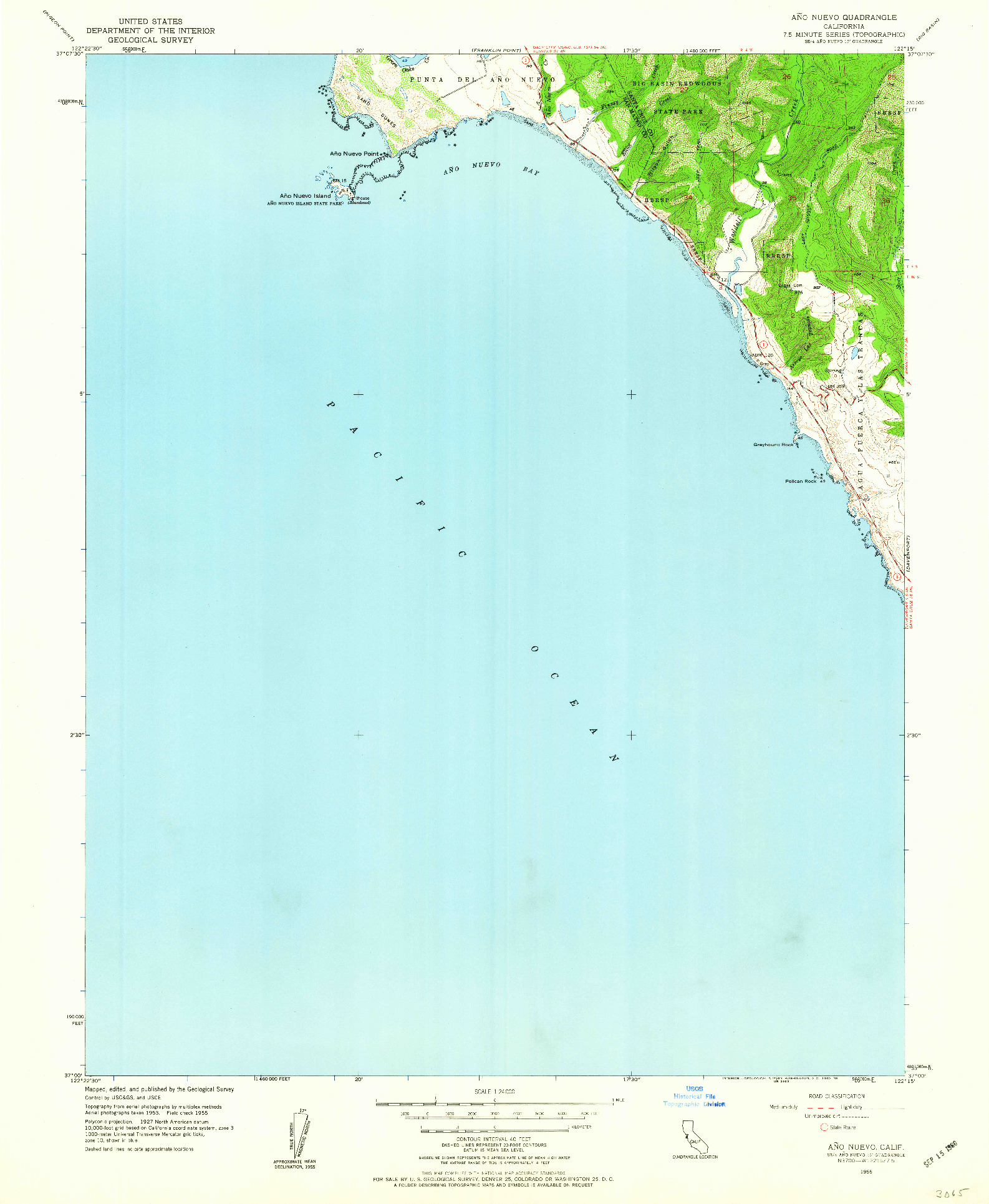 USGS 1:24000-SCALE QUADRANGLE FOR ANO NUEVO, CA 1955