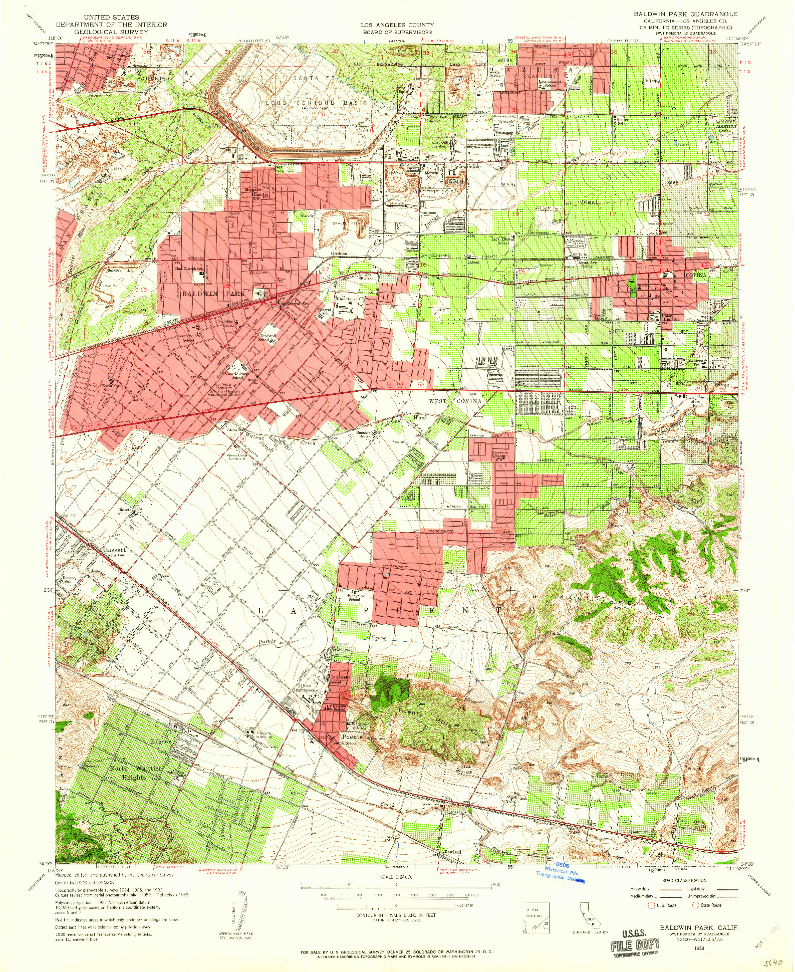 USGS 1:24000-SCALE QUADRANGLE FOR BALDWIN PARK, CA 1953
