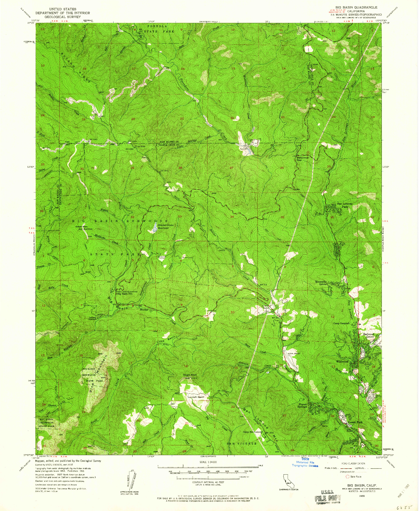 USGS 1:24000-SCALE QUADRANGLE FOR BIG BASIN, CA 1955