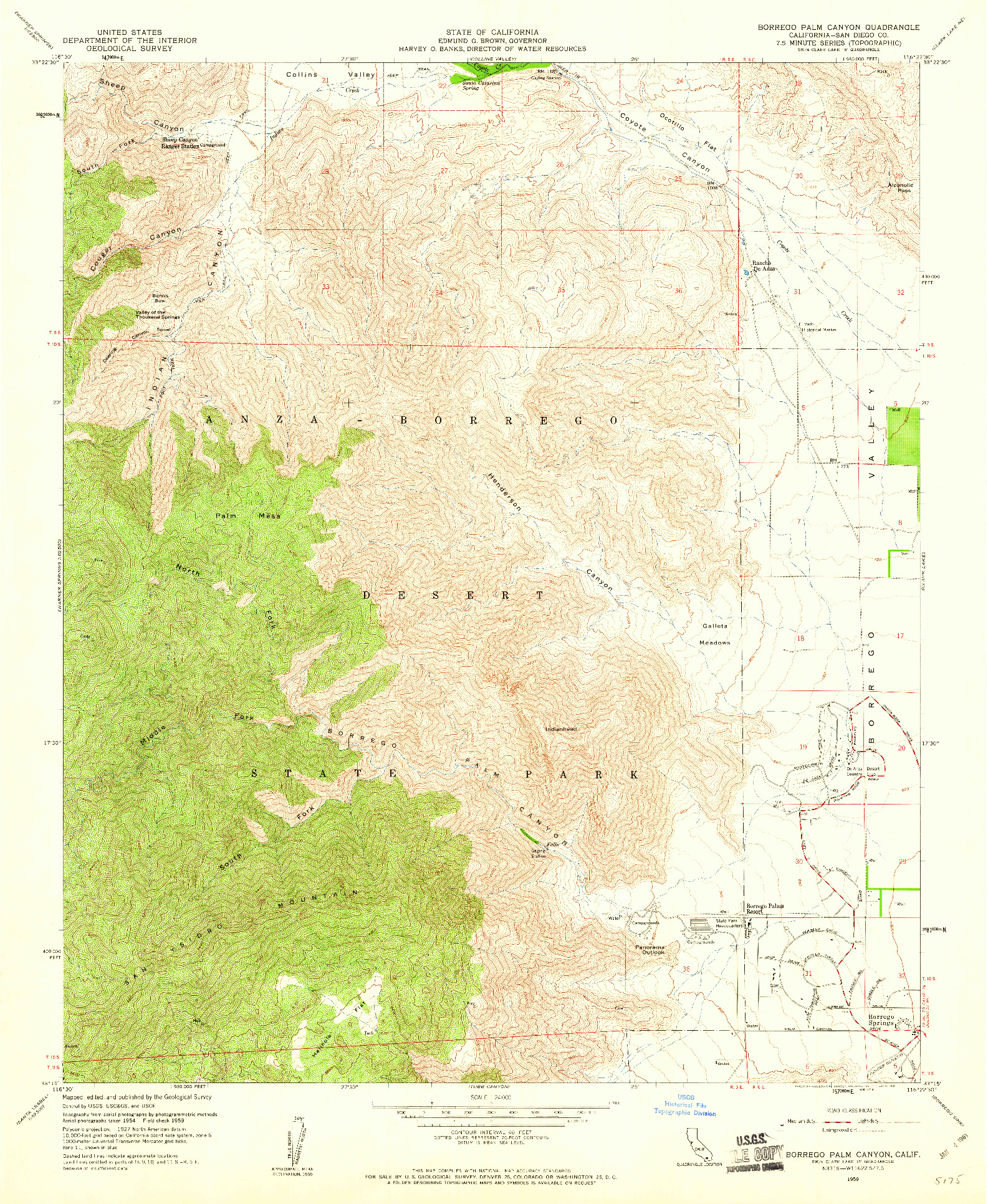 USGS 1:24000-SCALE QUADRANGLE FOR BORREGO PALM CANYON, CA 1959