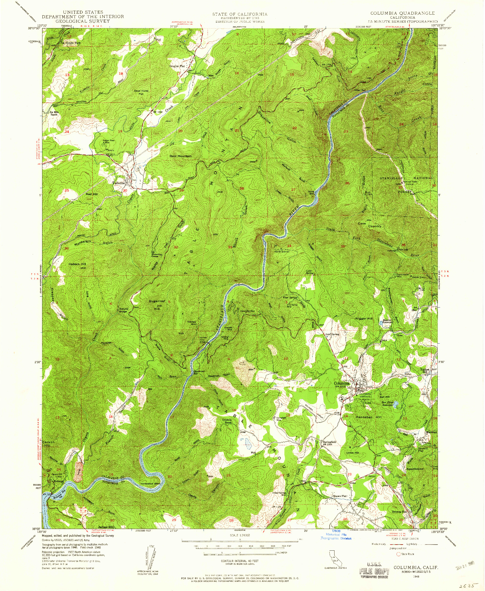 USGS 1:24000-SCALE QUADRANGLE FOR COLUMBIA, CA 1948