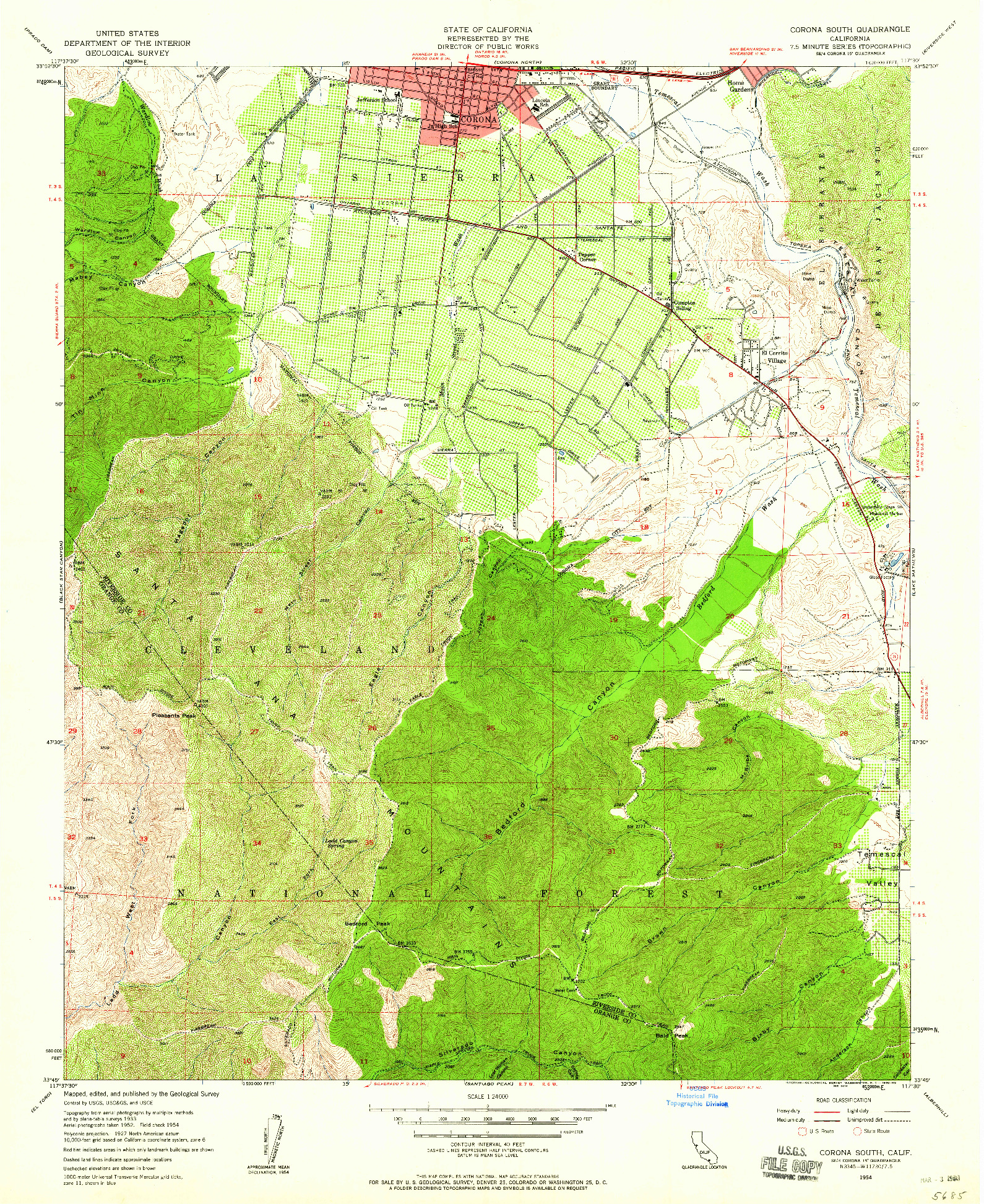 USGS 1:24000-SCALE QUADRANGLE FOR CORONA SOUTH, CA 1954