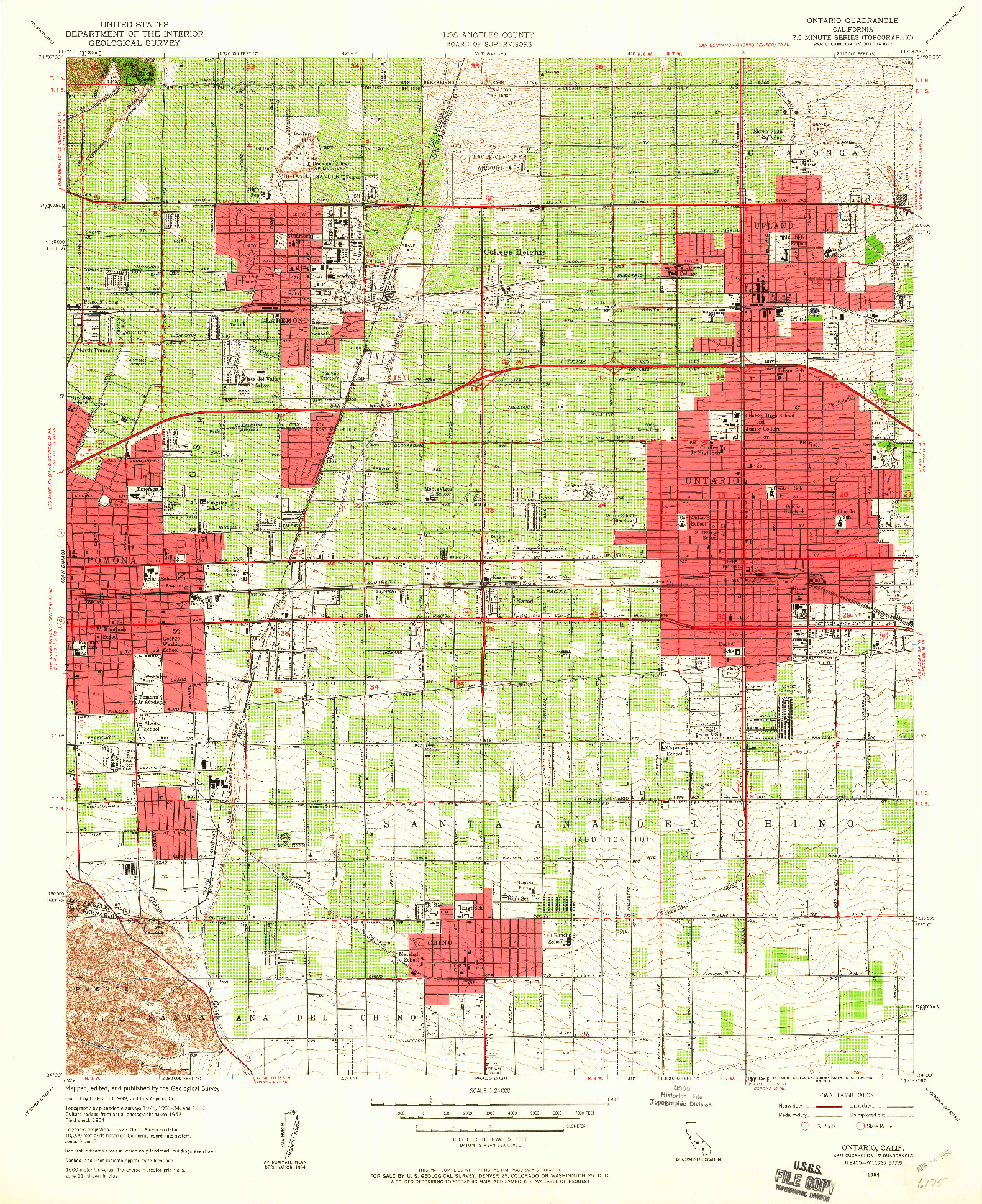 USGS 1:24000-SCALE QUADRANGLE FOR ONTARIO, CA 1954