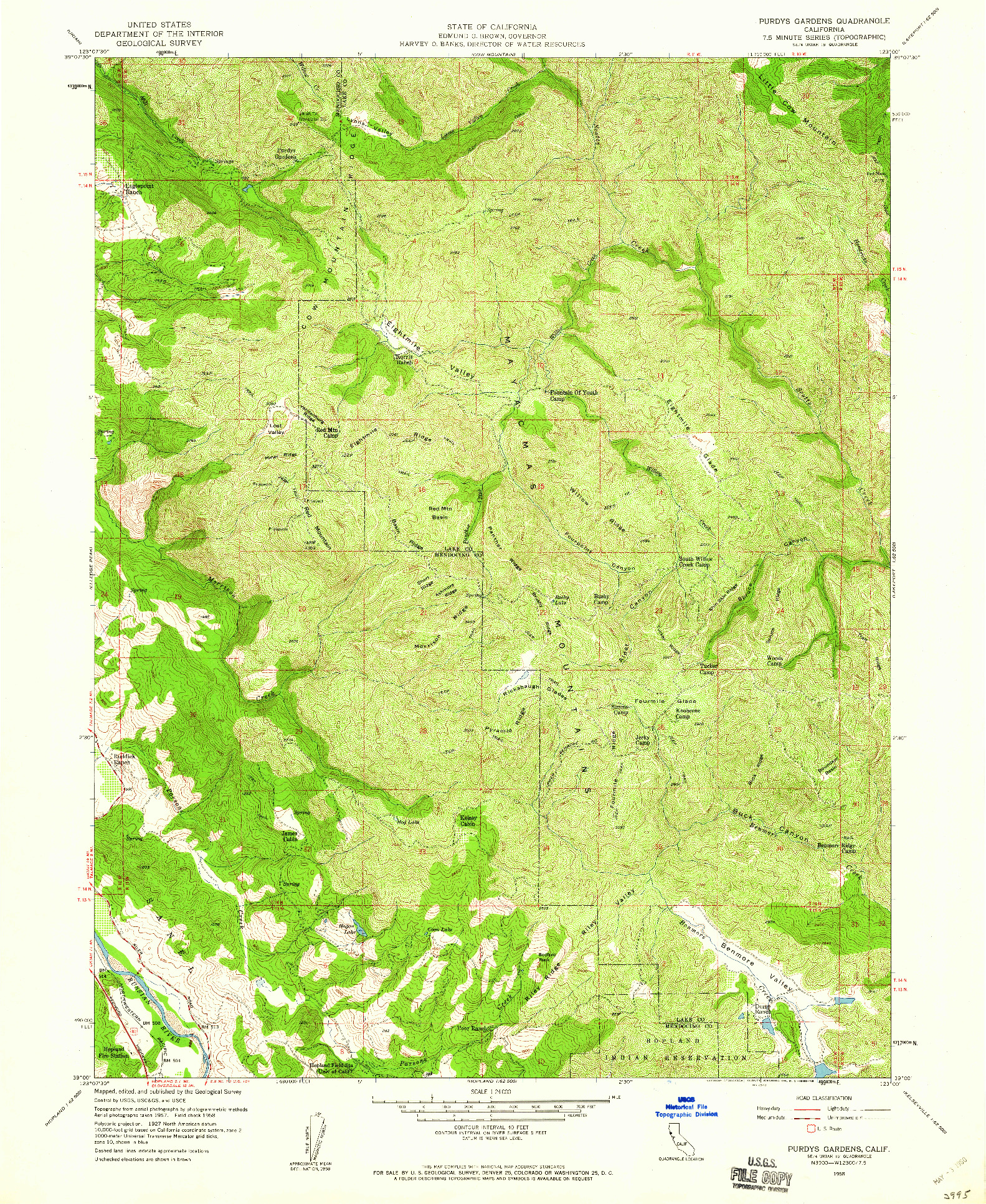 USGS 1:24000-SCALE QUADRANGLE FOR PURDYS GARDENS, CA 1958