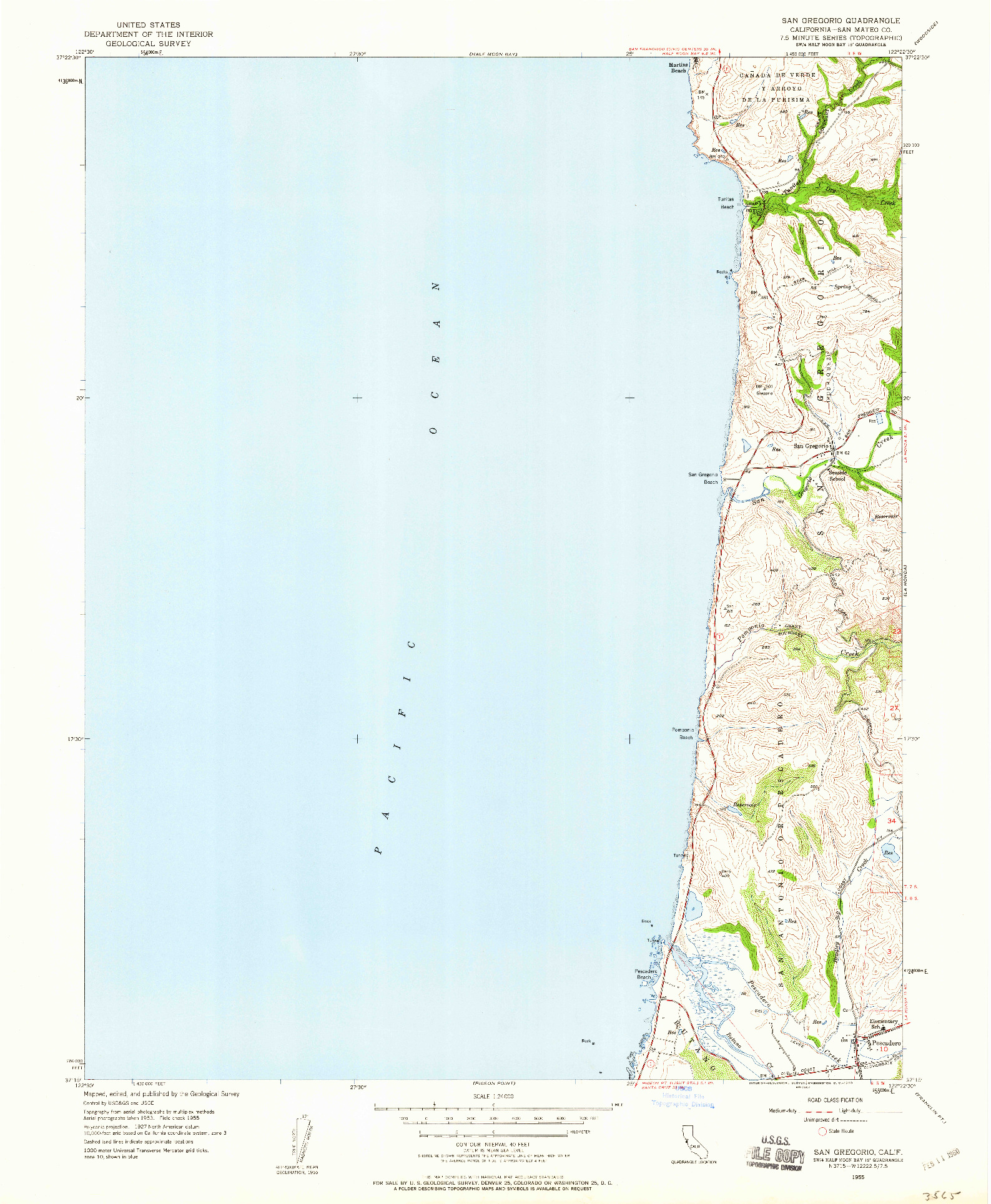 USGS 1:24000-SCALE QUADRANGLE FOR SAN GREGORIO, CA 1955