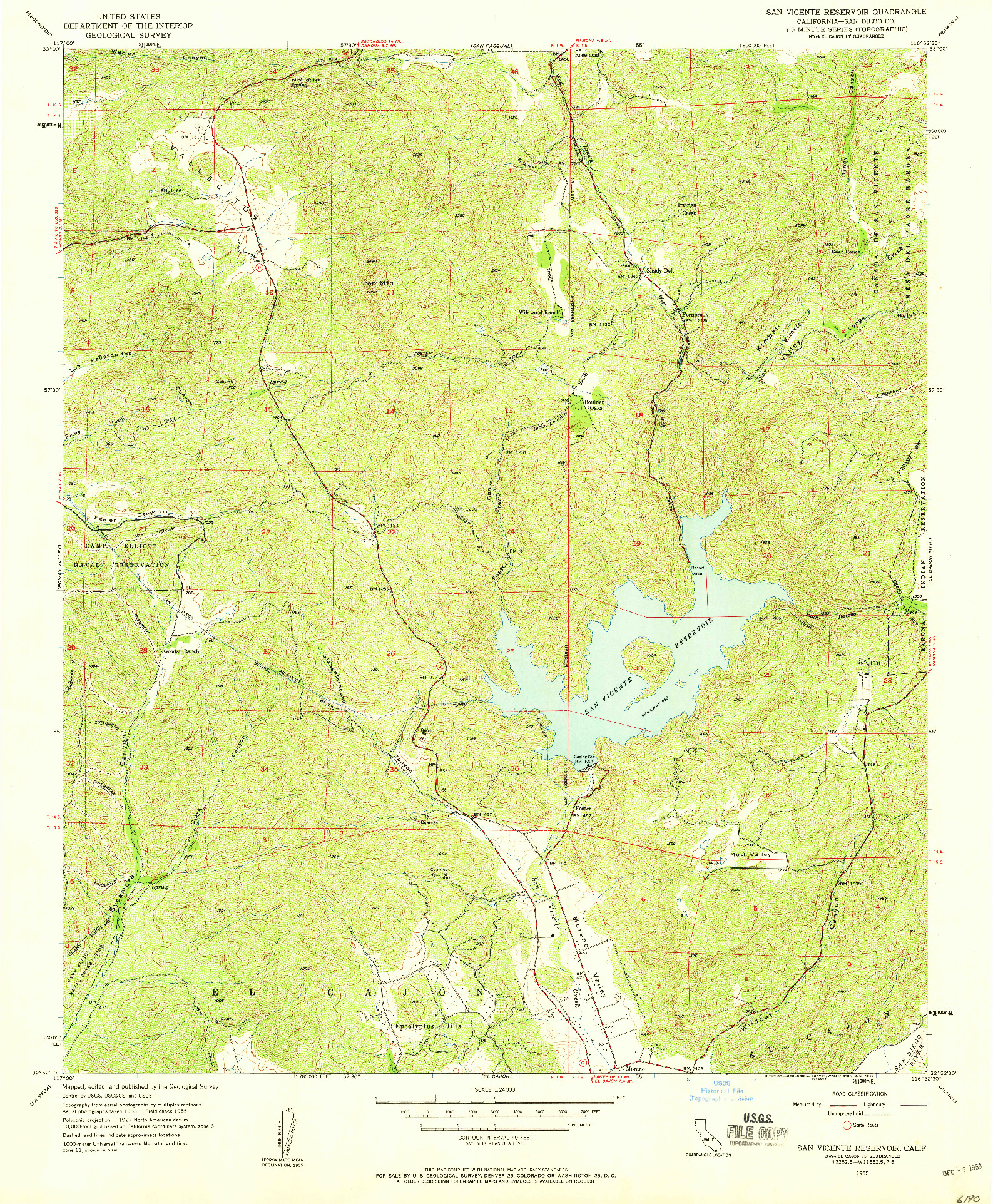 USGS 1:24000-SCALE QUADRANGLE FOR SAN VICENTE RESERVOIR, CA 1955