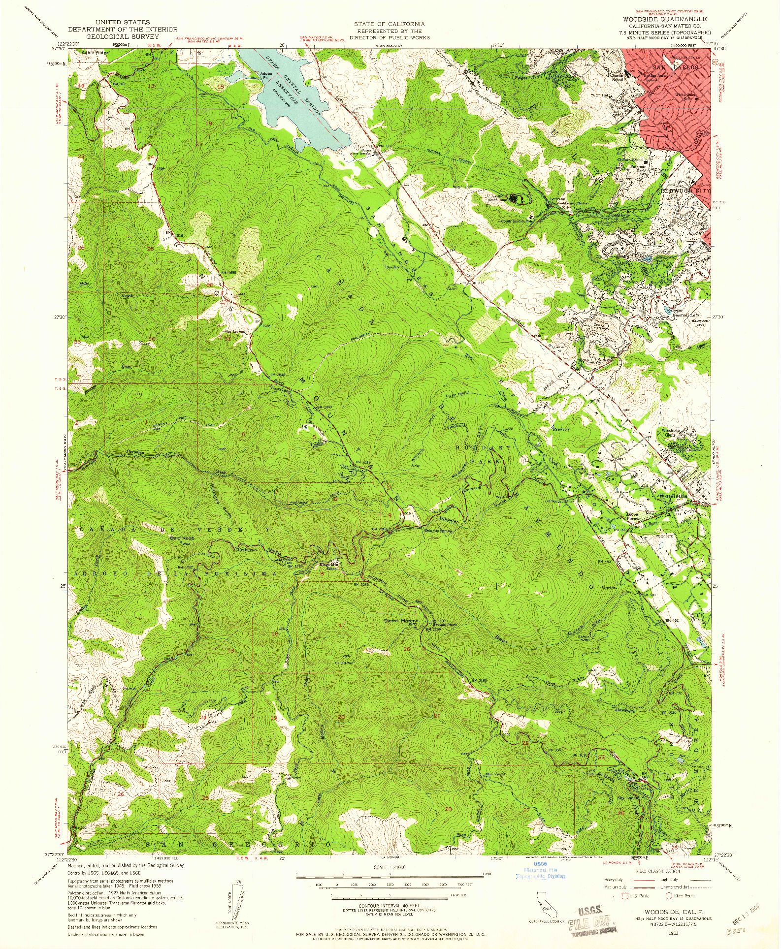 USGS 1:24000-SCALE QUADRANGLE FOR WOODSIDE, CA 1953