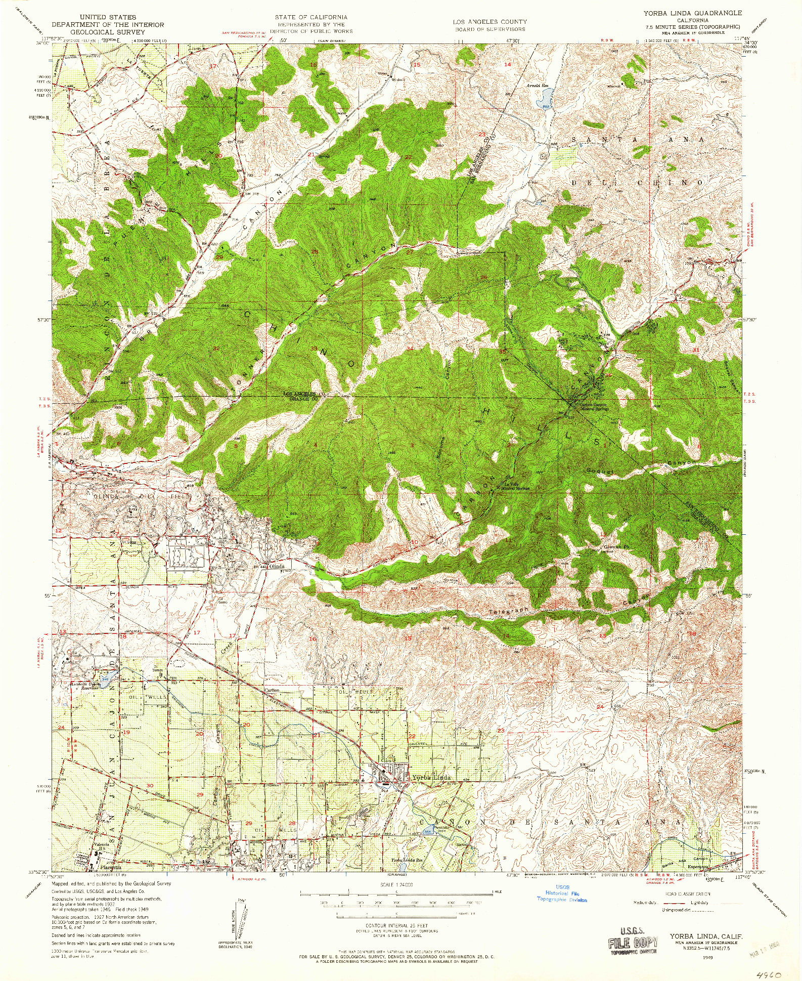 USGS 1:24000-SCALE QUADRANGLE FOR YORBA LINDA, CA 1949