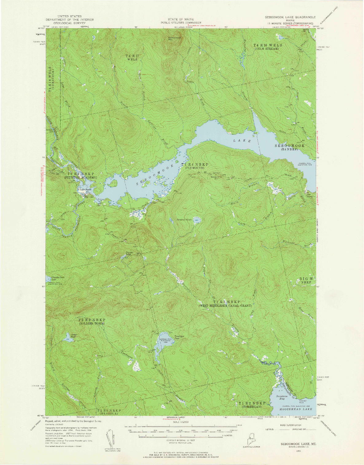 USGS 1:62500-SCALE QUADRANGLE FOR SEBOOMOOK LAKE, ME 1954