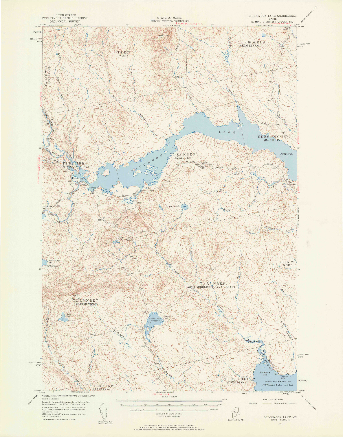 USGS 1:62500-SCALE QUADRANGLE FOR SEBOOMOOK LAKE, ME 1954