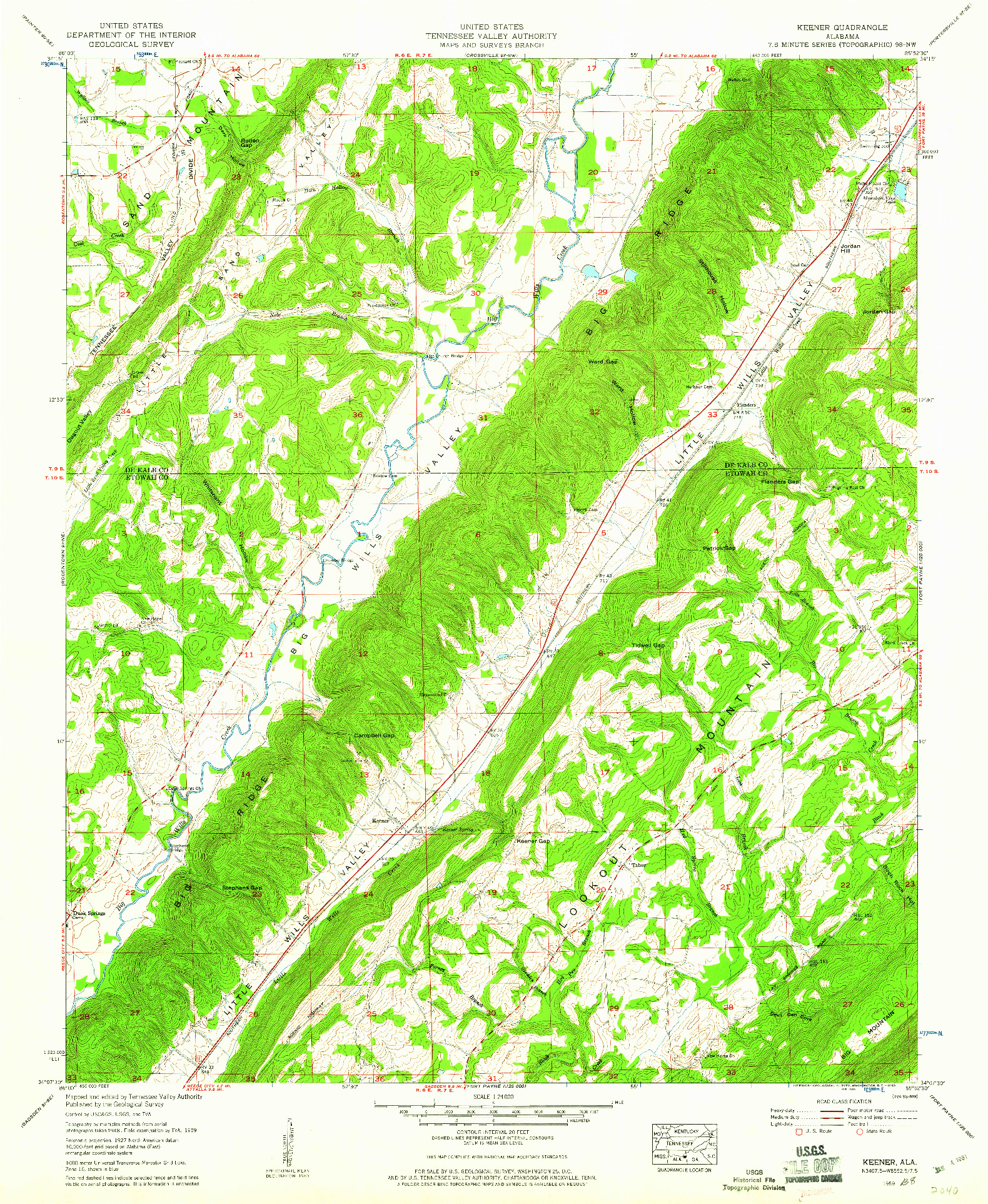 USGS 1:24000-SCALE QUADRANGLE FOR KEENER, AL 1959