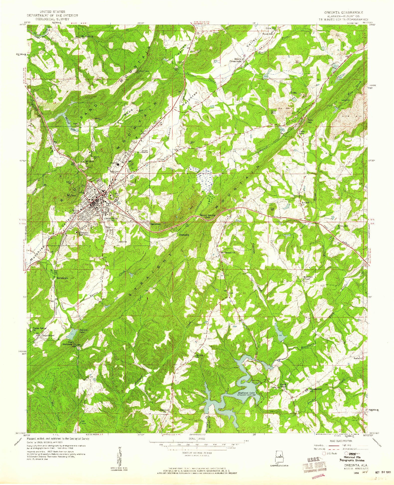 USGS 1:24000-SCALE QUADRANGLE FOR ONEONTA, AL 1958