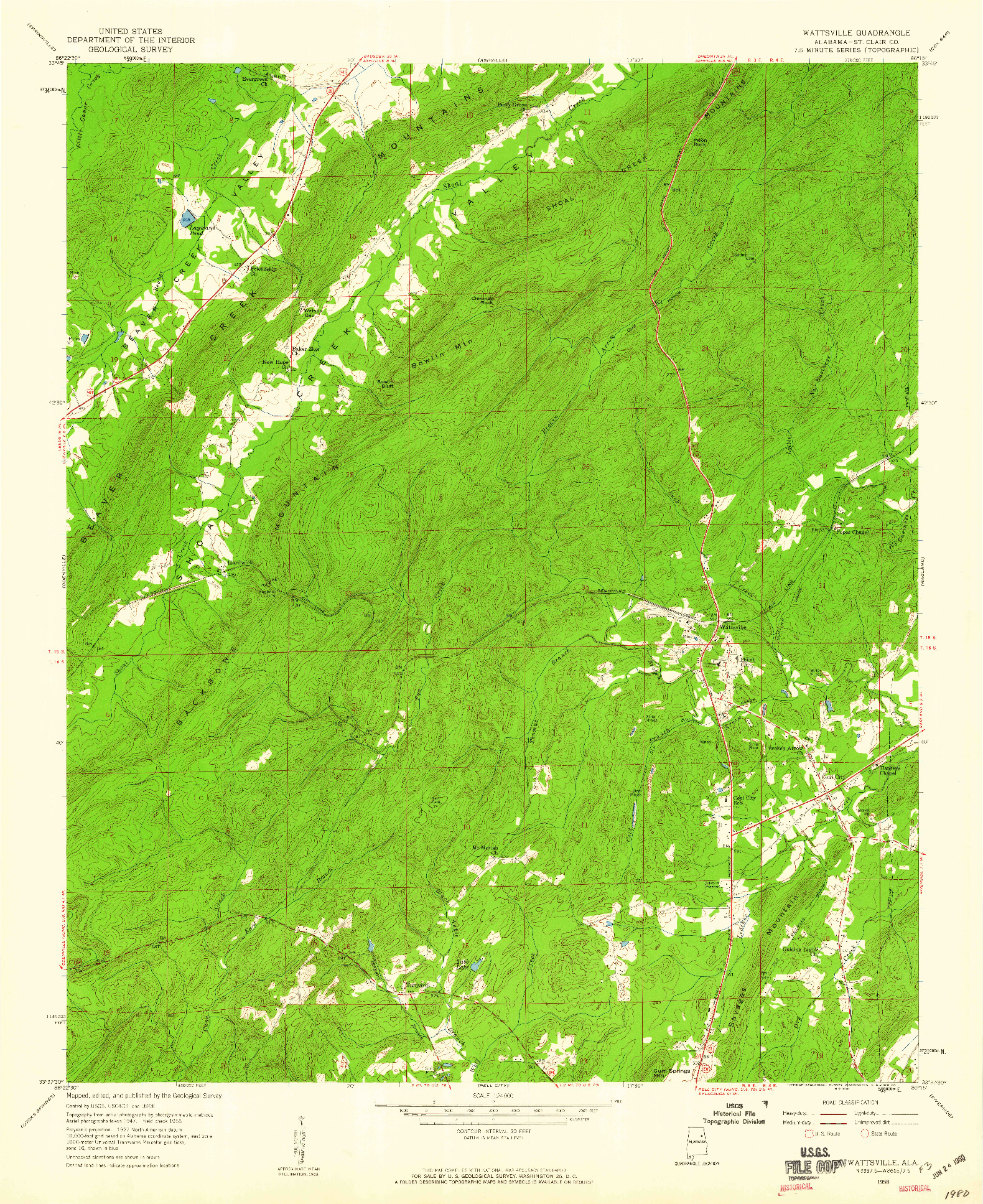 USGS 1:24000-SCALE QUADRANGLE FOR WATTSVILLE, AL 1958