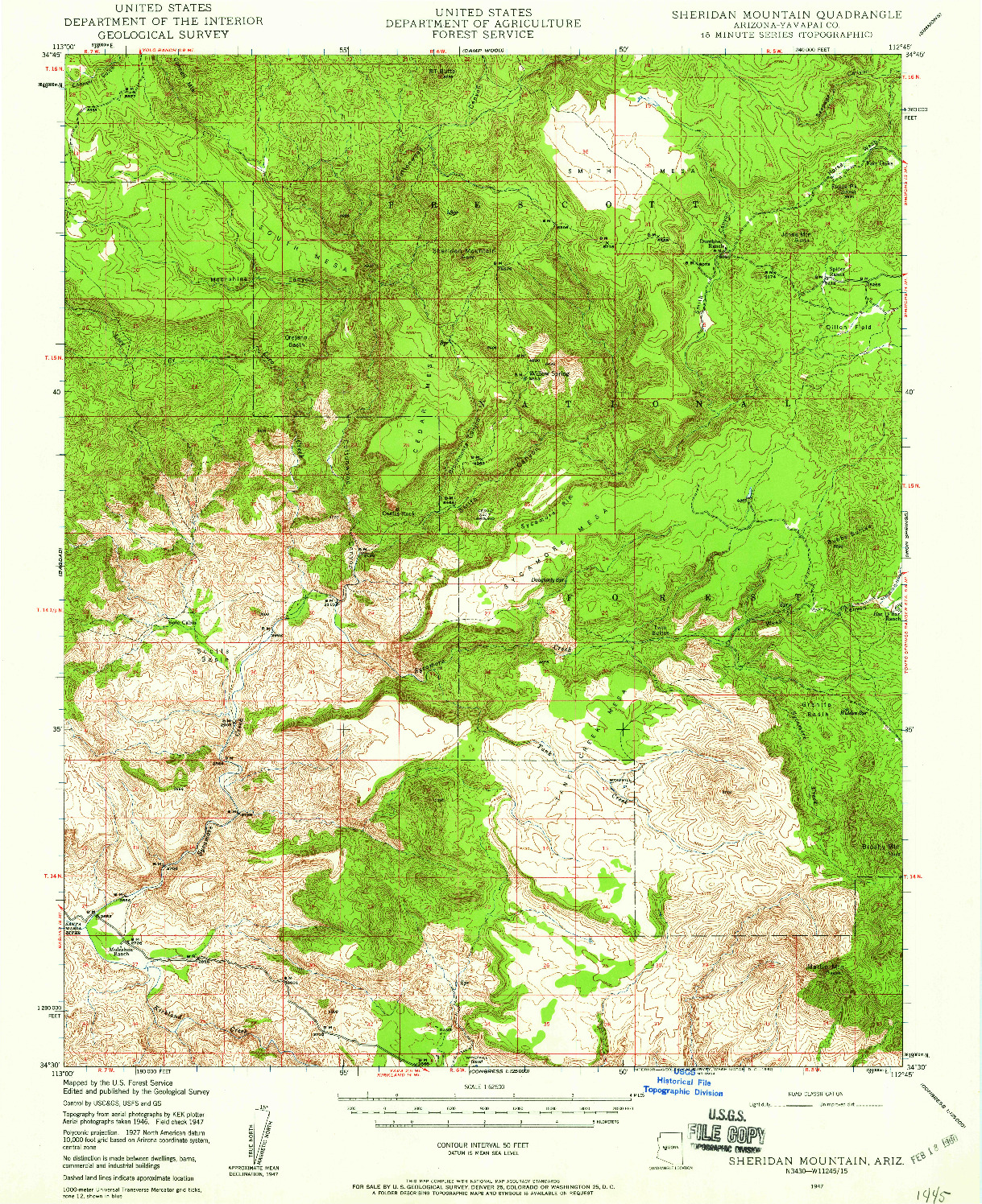 USGS 1:62500-SCALE QUADRANGLE FOR SHERIDAN MOUNTAIN, AZ 1947