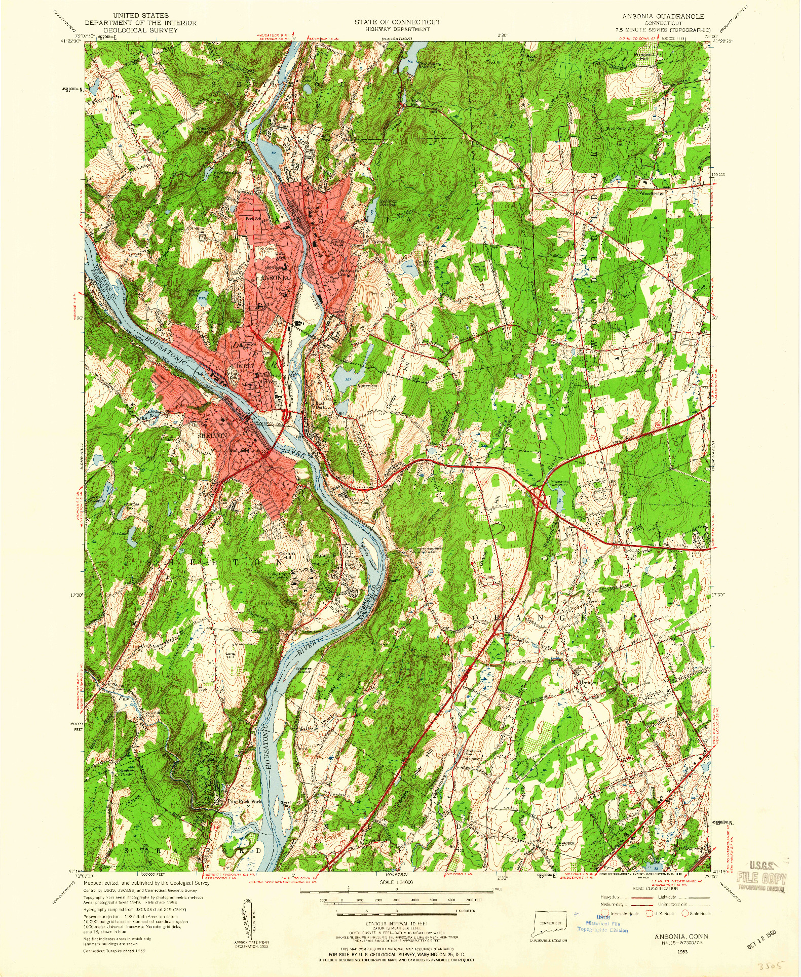 USGS 1:24000-SCALE QUADRANGLE FOR ANSONIA, CT 1953