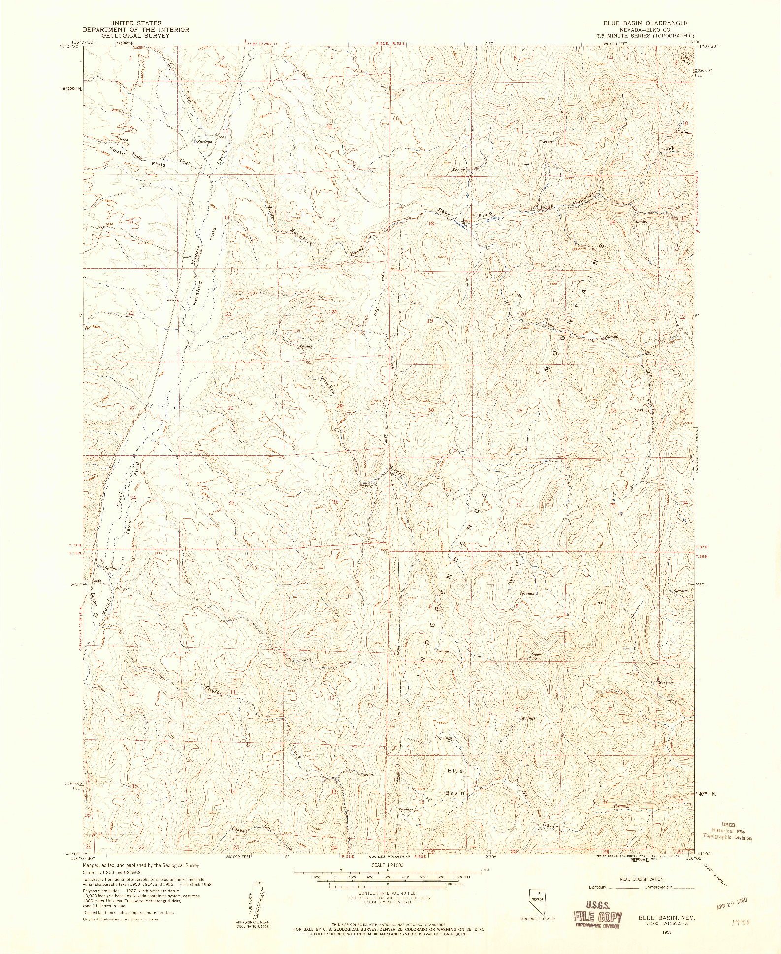 USGS 1:24000-SCALE QUADRANGLE FOR BLUE BASIN, NV 1958