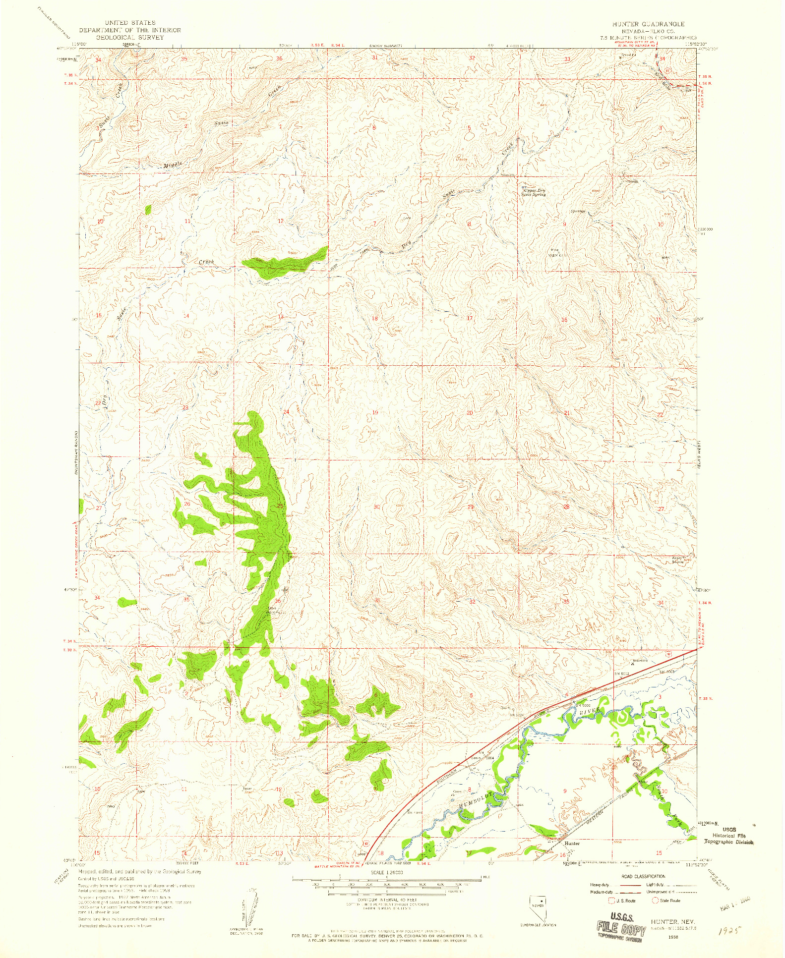 USGS 1:24000-SCALE QUADRANGLE FOR HUNTER, NV 1958