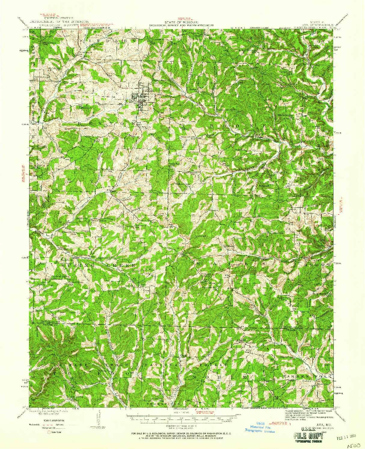 USGS 1:62500-SCALE QUADRANGLE FOR AVA, MO 1942