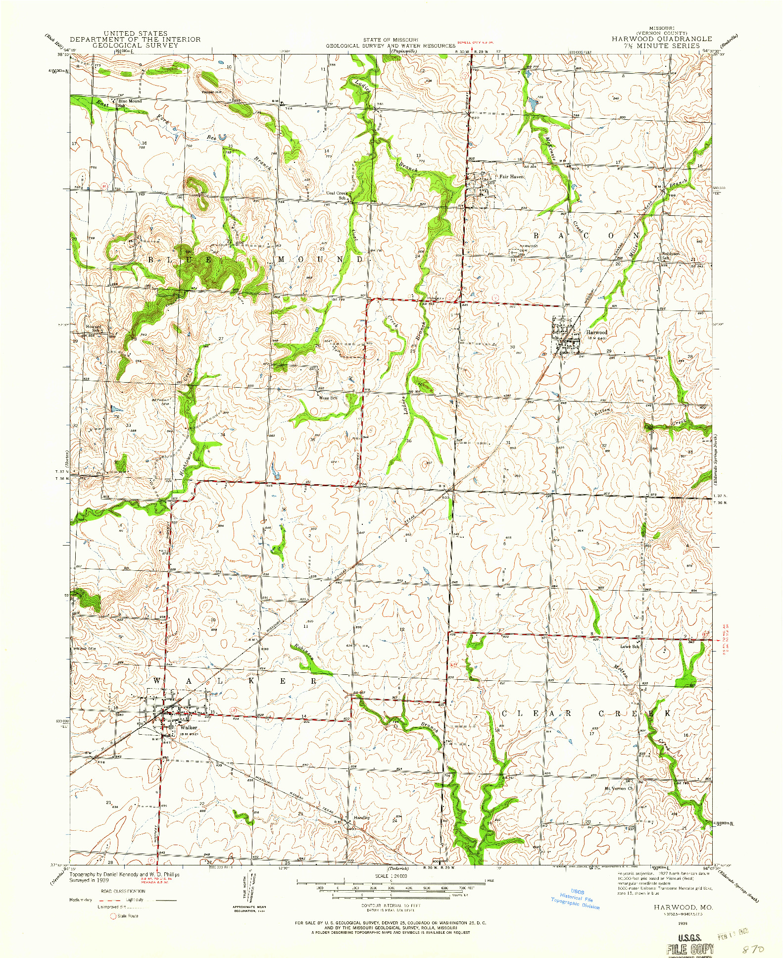 USGS 1:24000-SCALE QUADRANGLE FOR HARWOOD, MO 1939