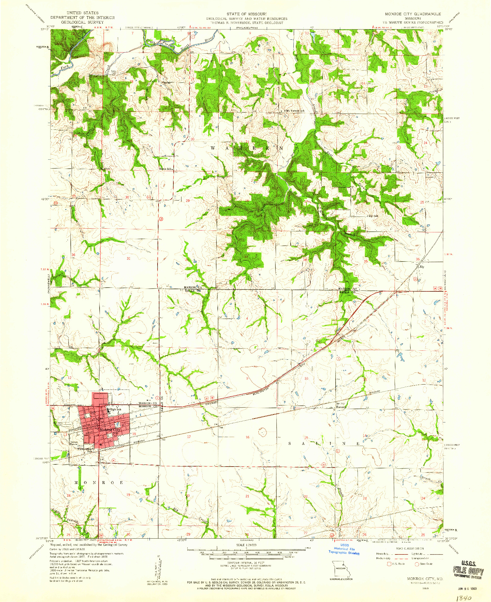 USGS 1:24000-SCALE QUADRANGLE FOR MONROE CITY, MO 1959