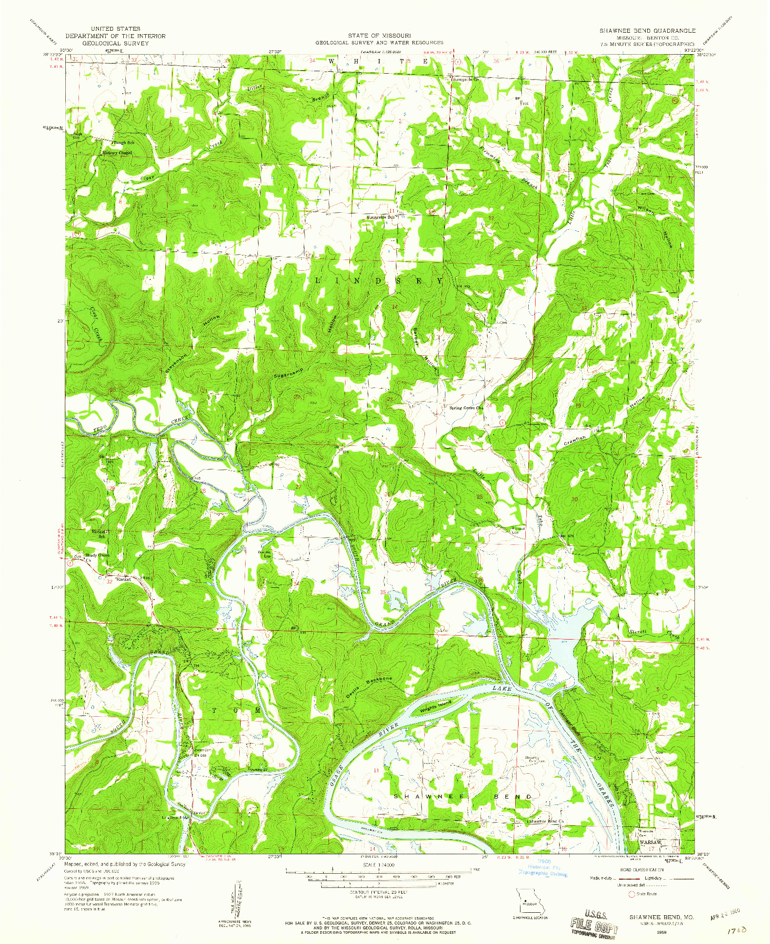 USGS 1:24000-SCALE QUADRANGLE FOR SHAWNEE BEND, MO 1959